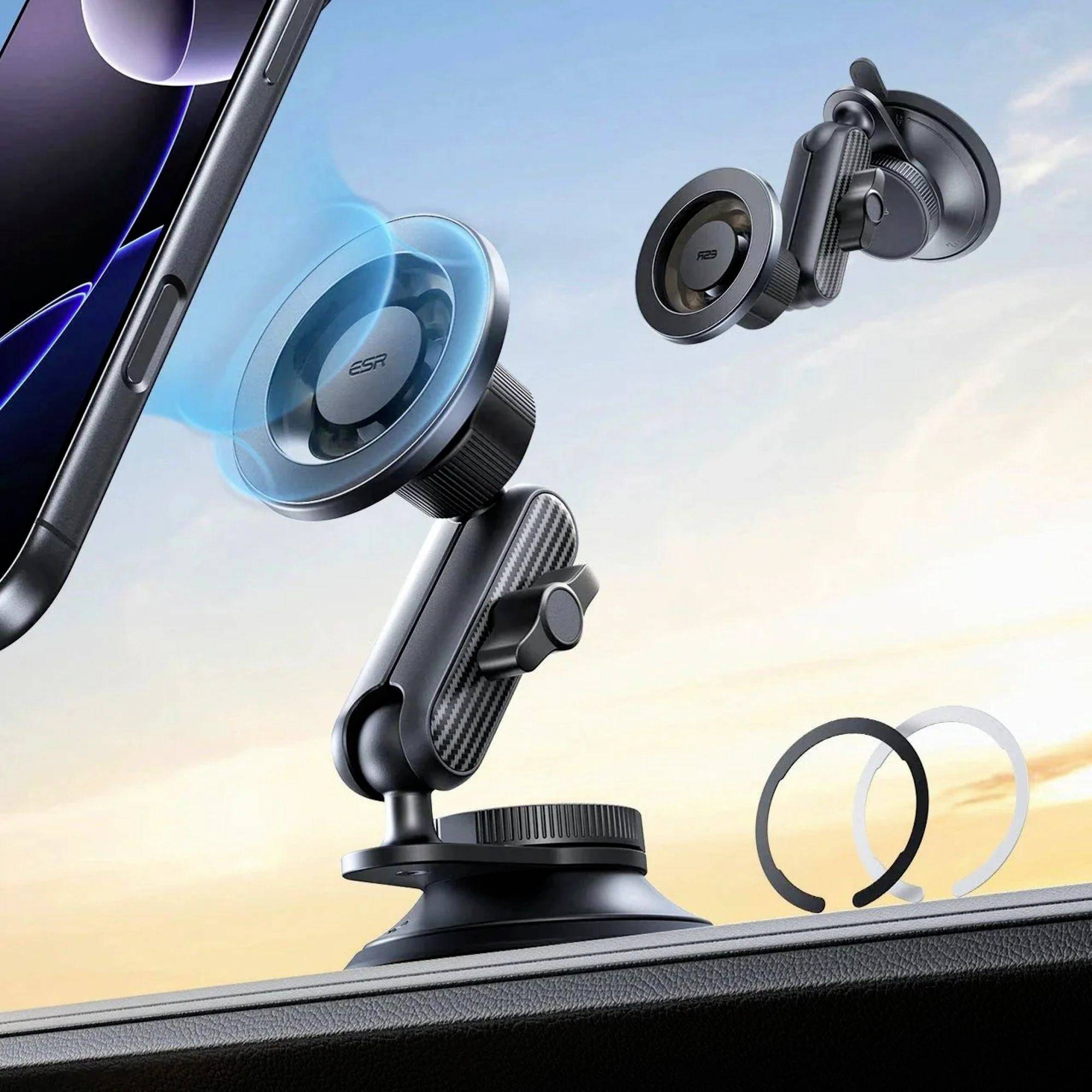 Eine Autohalterbefestigung mit magnetischer Befestigung sichert ein Smartphone auf einem Armaturenbrett und zeigt detaillierte Funktionen und Zubehör.