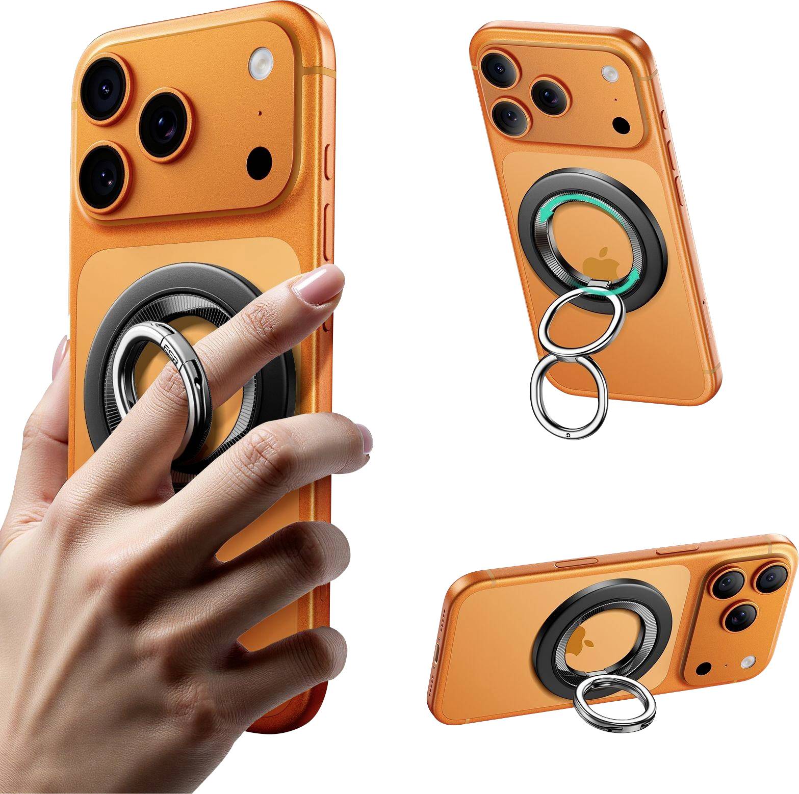 Ein orangefarbiges Smartphone mit magnetischem Ringhalter. Links: Telefon in der Hand gehalten; Rechts: Telefon von hinten mit Kamera und Ringhalter.