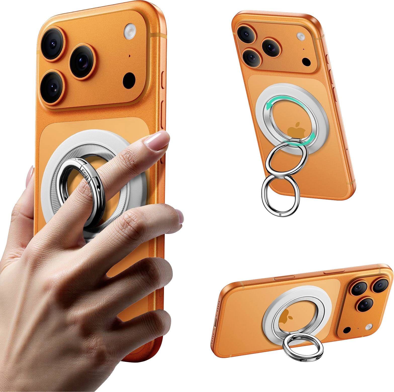 Orangene Handyhülle mit kreisförmigem Metallringständer. Ein Bild zeigt die Verwendung mit einer Hand, während andere die Vorder-, Rück- und Seitenansichten darstellen.