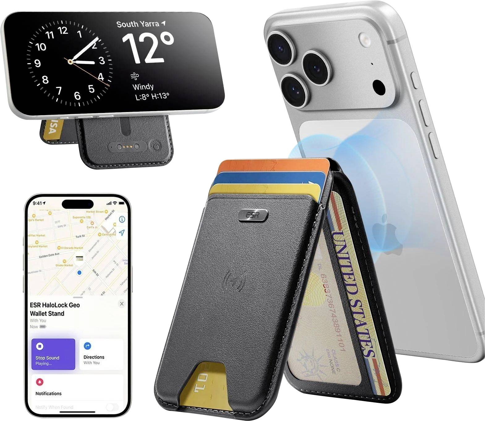 Schutzhülle mit Kartenfächern und ausklappbarem Ständer, kompatibel mit Smartphones. Beinhaltet Geldbörsen-Funktion mit Karten-App auf dem Display.