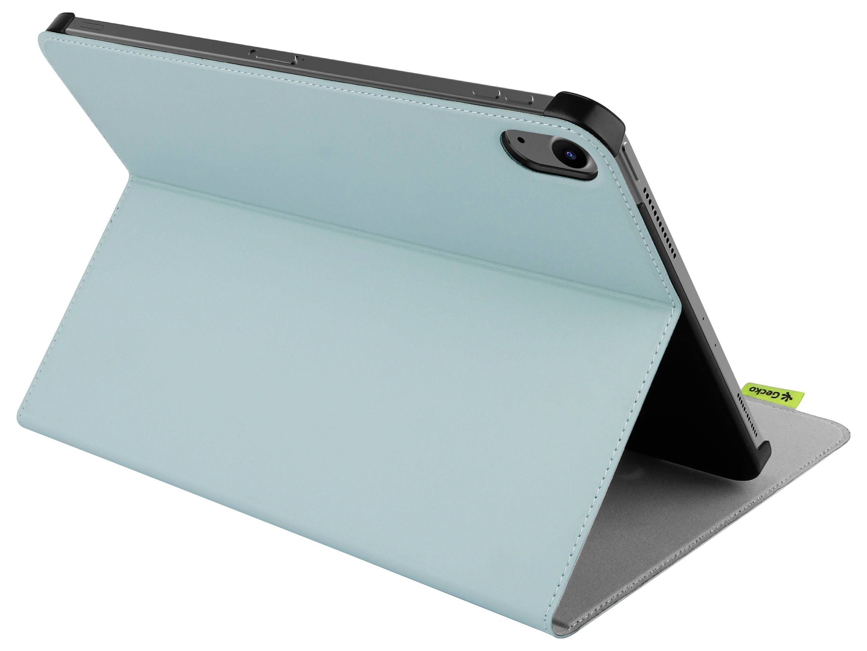 Ein Tablet in einem hellblauen Etui ist in einer Ständerposition aufgestellt und zeigt seine rückseitige Kamera sowie einen stabilen Betrachtungswinkel.