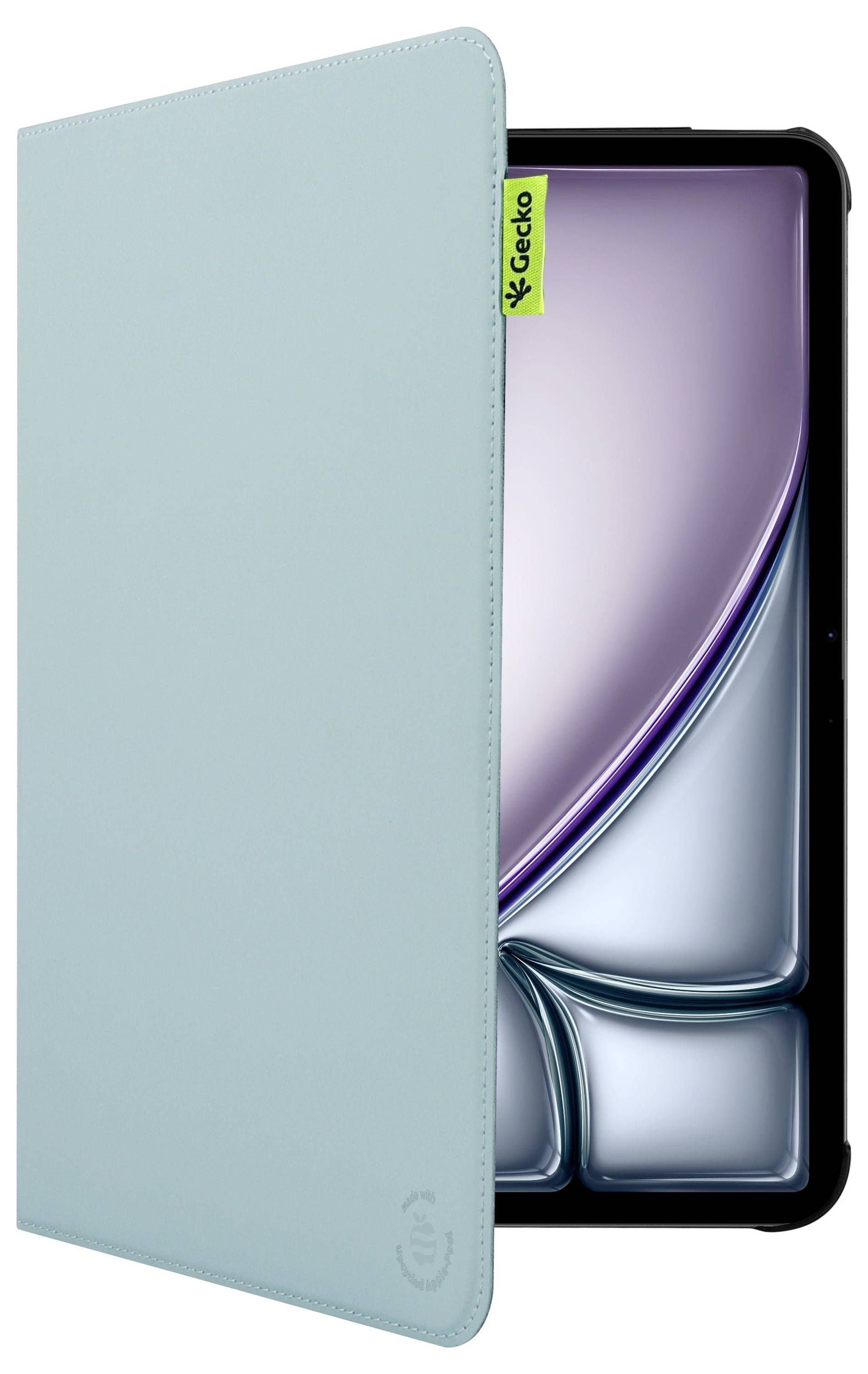 Tablet, das teilweise von einem hellblauen Etui bedeckt ist, zeigt einen lebendigen Bildschirm mit abstrakten Formen. Die Bezeichnung lautet „GECID