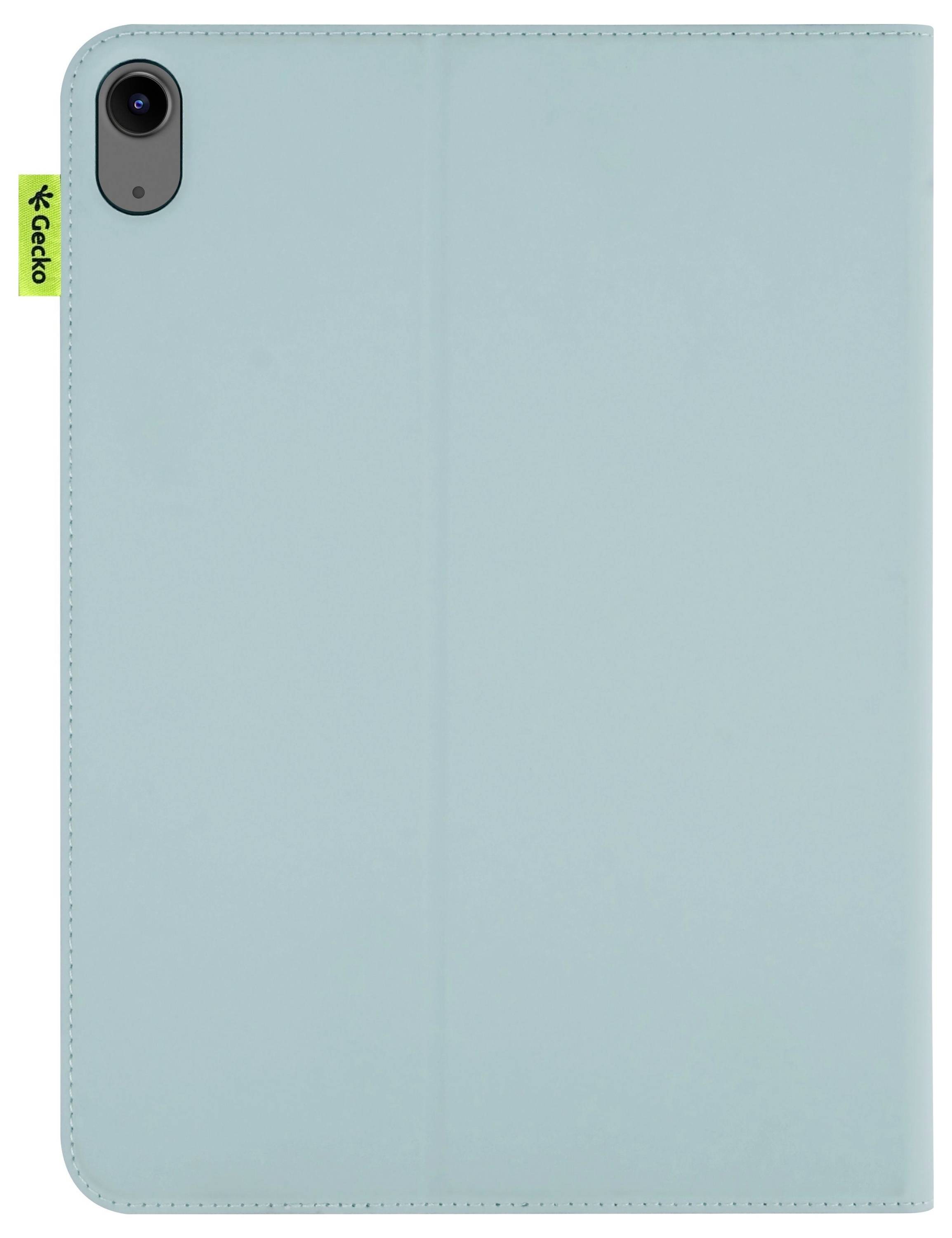 Ein hellblaues Tablet-Etui mit einem Kameraausschnitt in der oberen linken Ecke und einem kleinen grünen Etikett mit dem 'Gecko'-Logo auf der Seite.