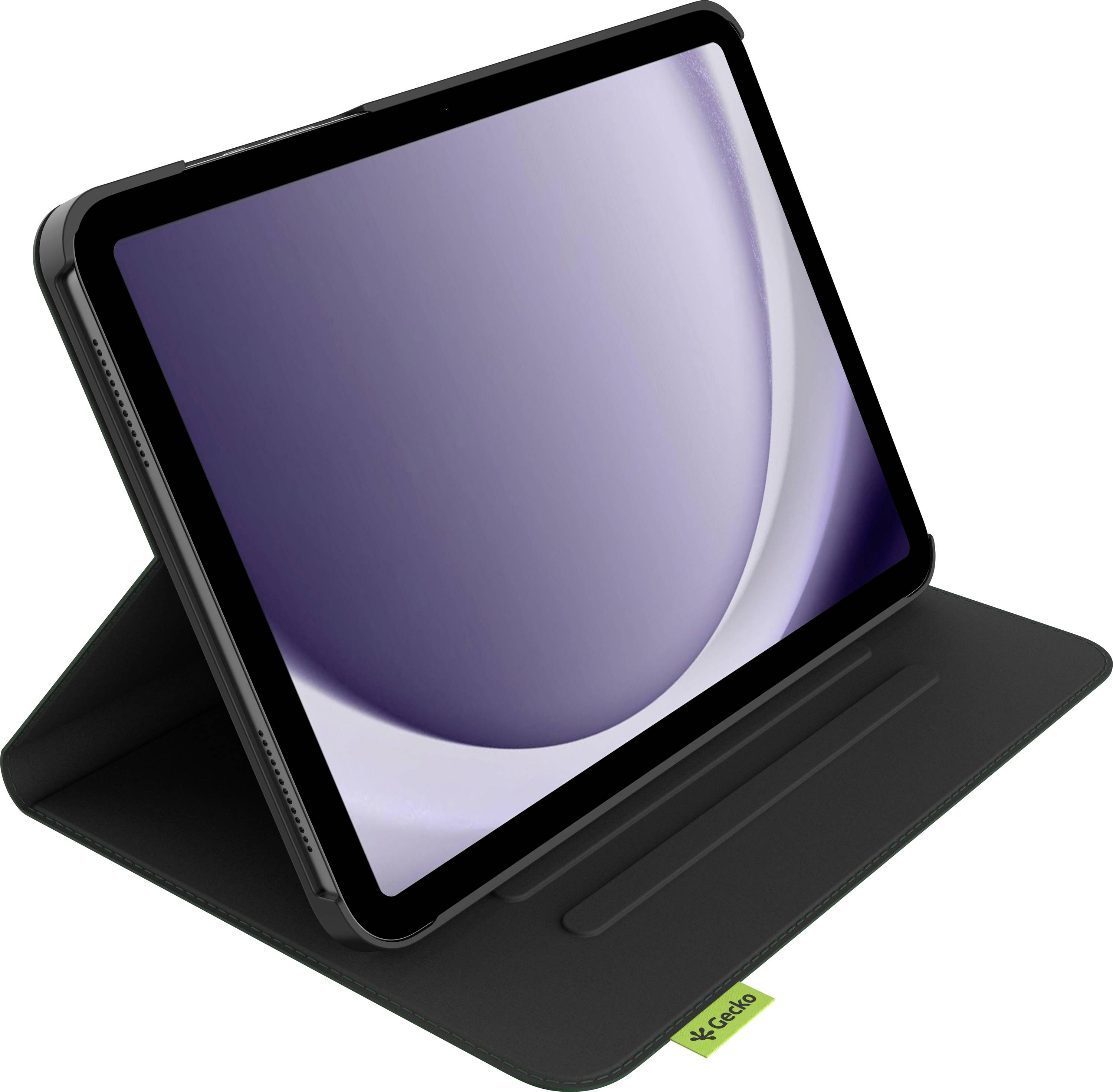 Ein Tablet in einer schwarzen Klappstandhülle mit Stifthalter, das ein glattes, abstraktes violettes Bildschirmdesign anzeigt.