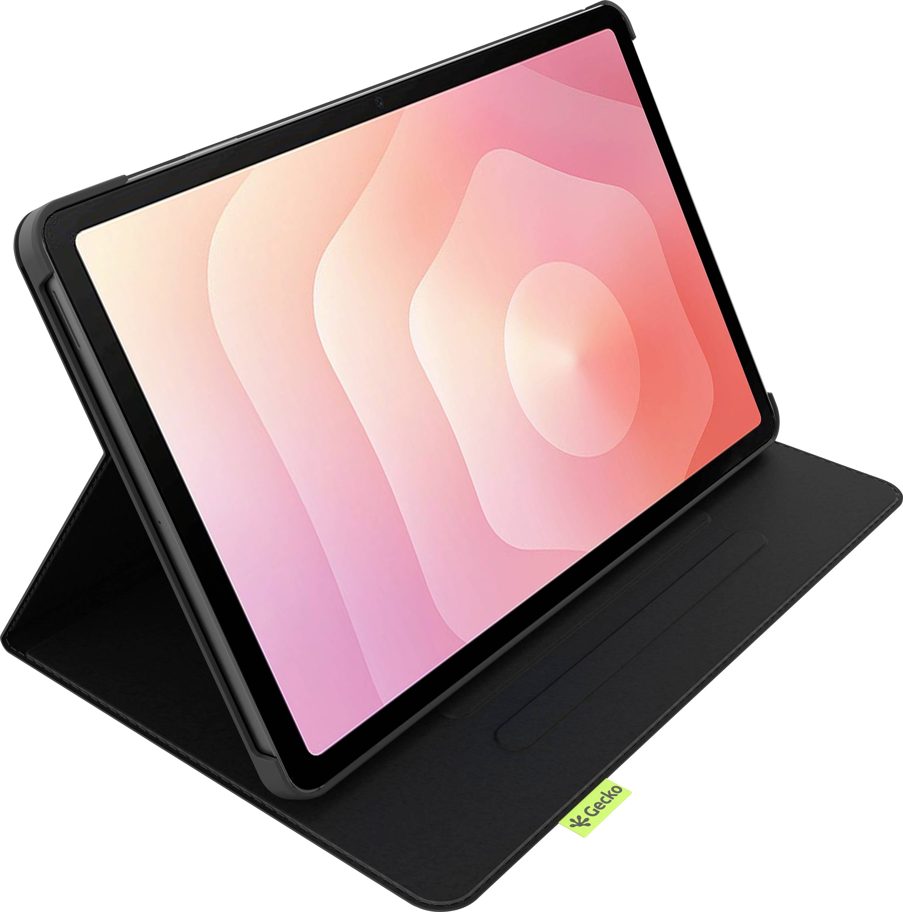 Ein Tablet in einem schwarzen Mappenetui mit einem rosa und orange gefärbten Bildschirm, leicht nach rechts geneigt.