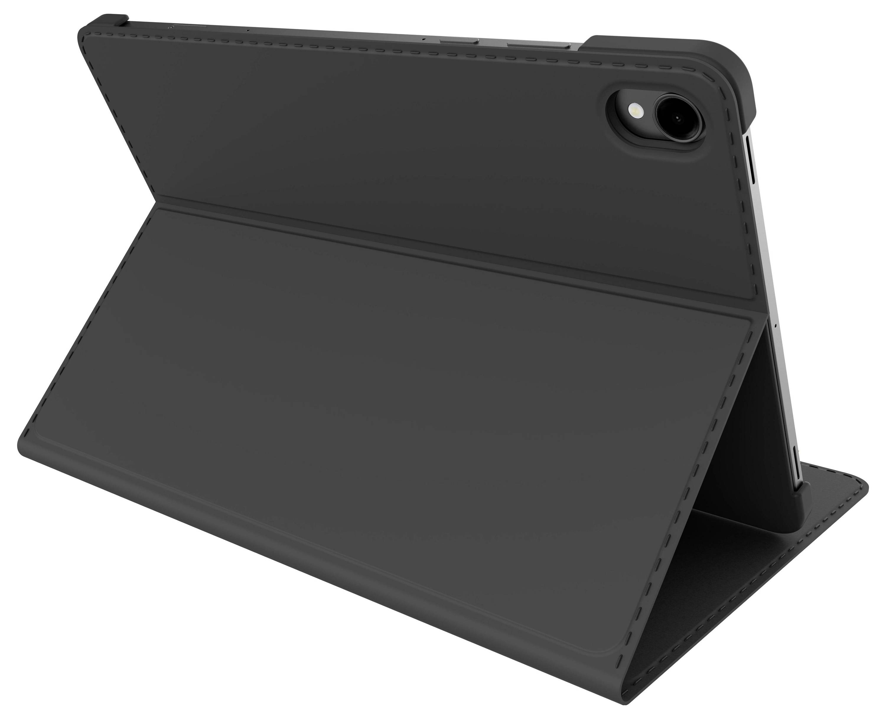 Schwarze Tablet-Schutzhülle mit Ständerfunktion, die ein Tablet horizontal hält. Das Kameraobjektiv ist durch eine Öffnung in der Hülle sichtbar.