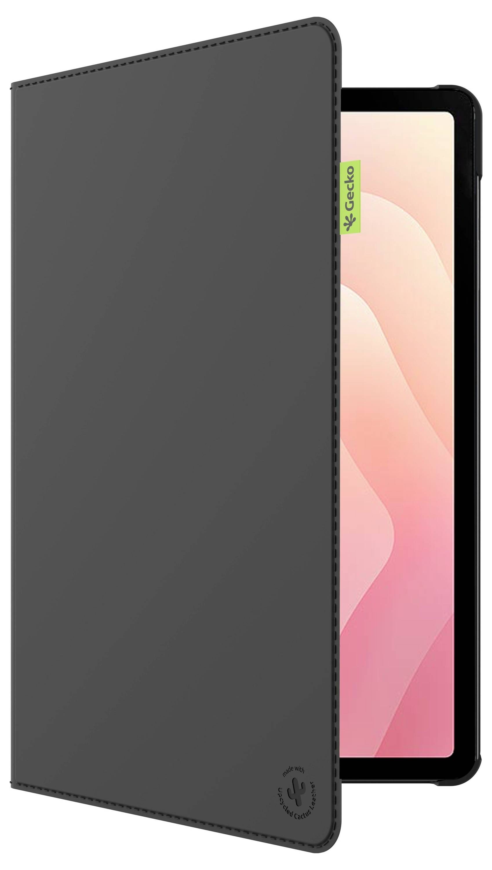 Tablet mit schwarzem Gehäuse, teilweise geöffnet, mit Bildschirm und rosa Farbverlaufshintergrund.