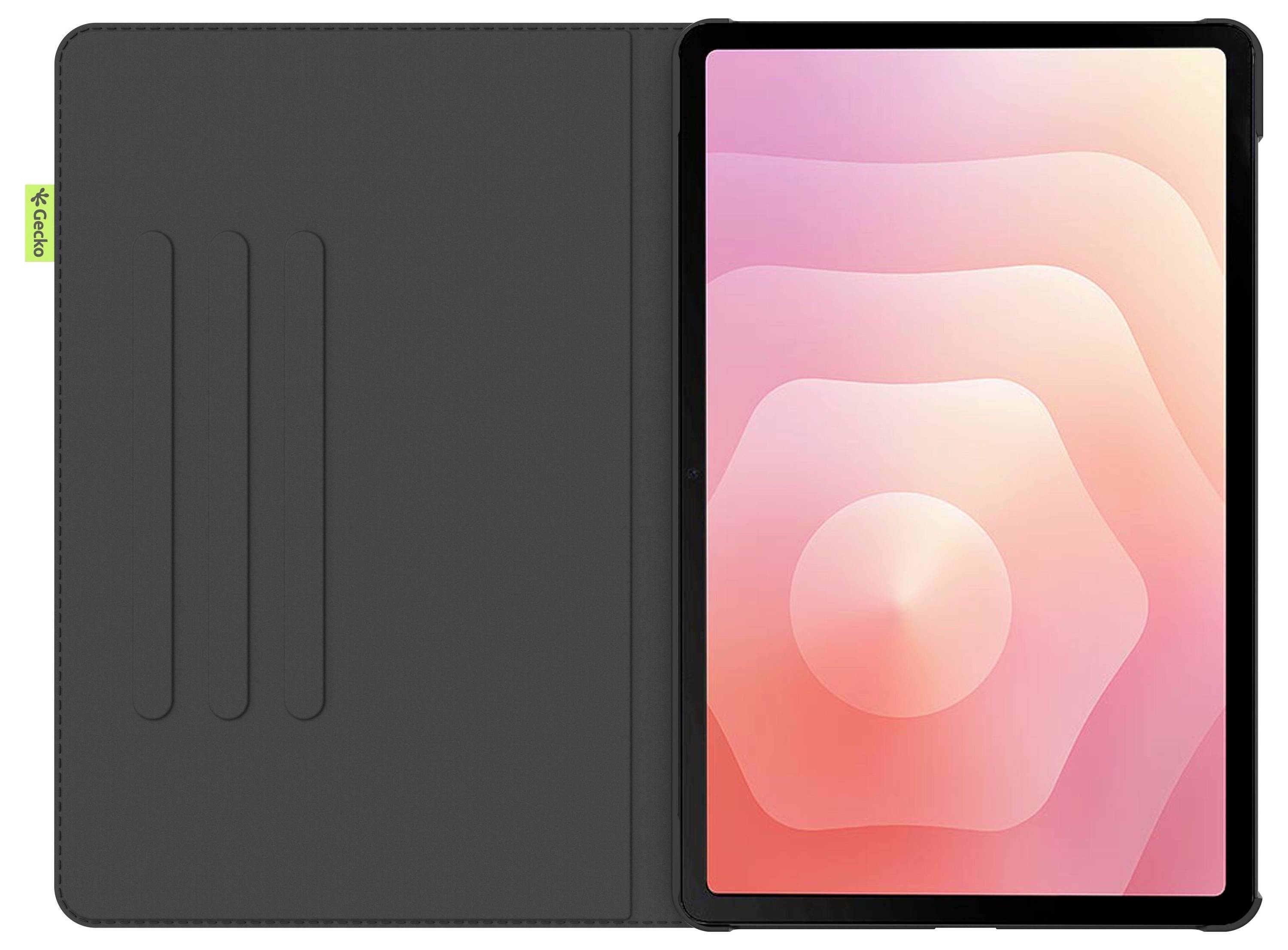 Ein Tablet in einem schwarzen Gehäuse ist geöffnet und zeigt eine rosa und orange geometrische Hintergrundgrafik an. Das Tablet ist auf der rechten Seite positioniert.