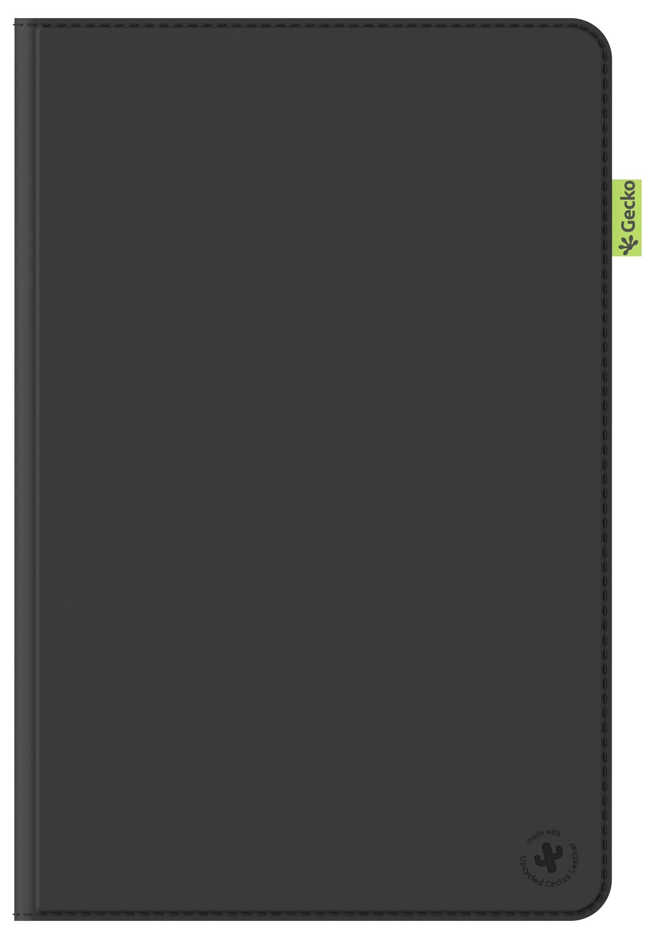 Ein schwarzer, geschlossener Notizbucheinband mit einem vertikalen grünen Etikett mit einem Kaktus-Symbol, beschriftet mit „Geckoo