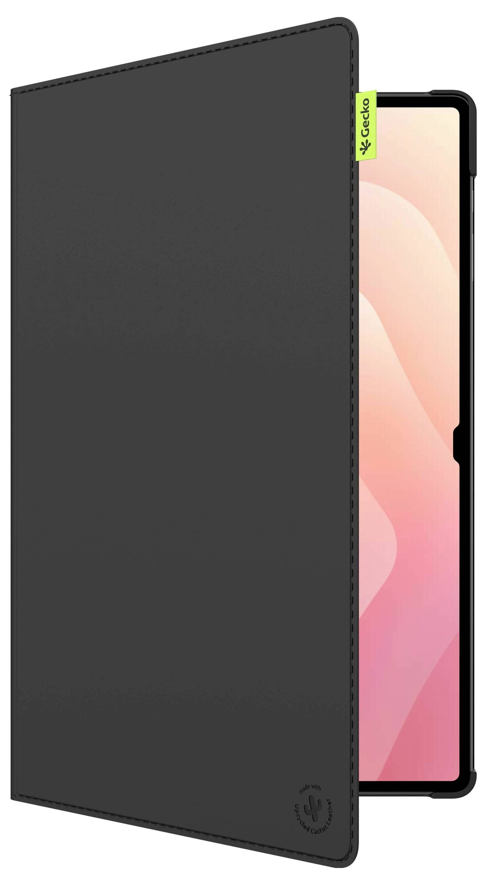 Ein Tablet mit einem rosa Bildschirm wird teilweise von einer schwarzen Schutzhülle abgedeckt. Die Hülle hat einen grünen Reiter mit einem Logo in der Nähe der oberen Kante.