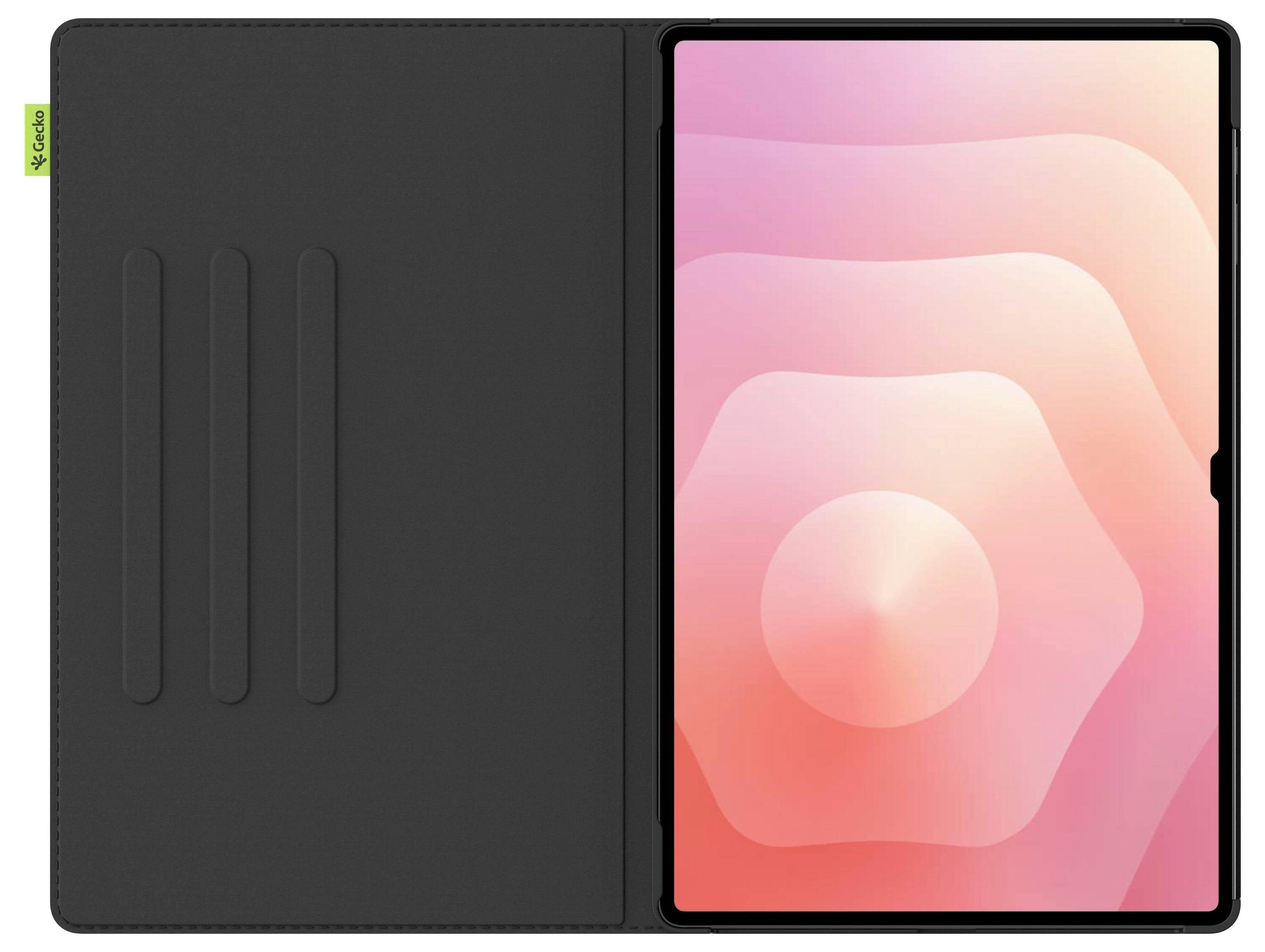 Ein Tablet mit einer eleganten schwarzen Schutzhülle, das auf dem Bildschirm einen abstrakten Hintergrund in Rosa und Orange zeigt.