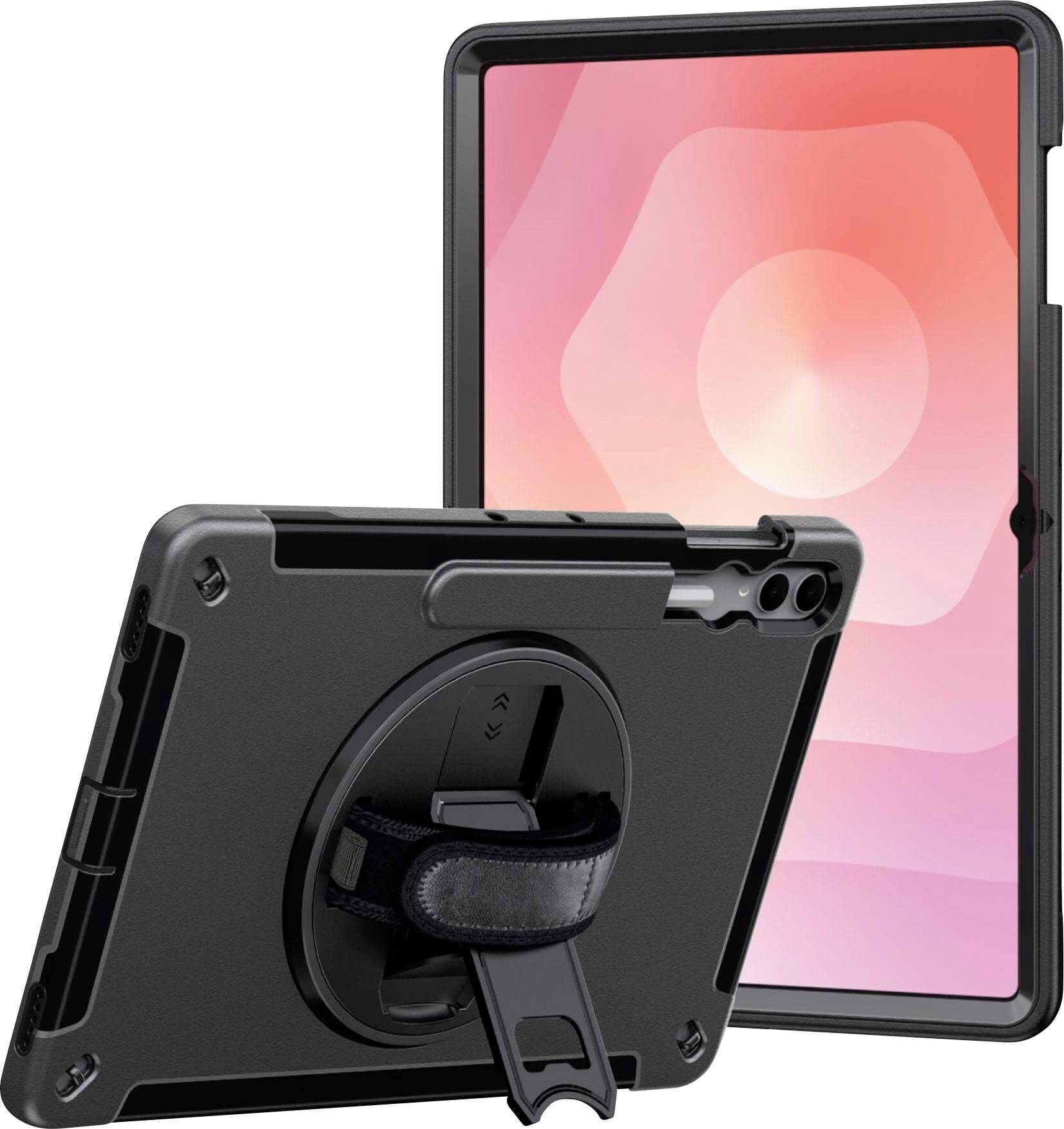 Schwarze Tablet-Hülle mit drehbarem Handgriff und Ständer, zeigt sowohl Vorder- als auch Rückseite. Die Vorderseite zeigt ein Tablet mit einem rosa Farbverlauf-Bildschirm.