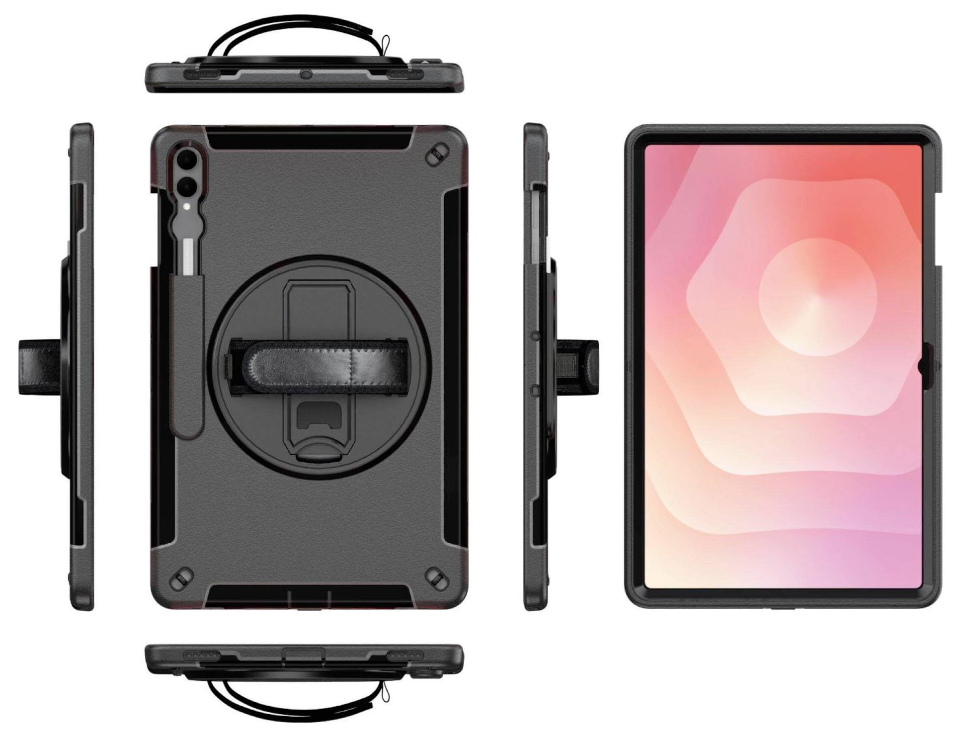 Schwarze Schutzhülle für Tablet mit drehbarem Handgriff und Halter, von mehreren Winkeln dargestellt, mit lebhaftem Bildschirmdisplay.