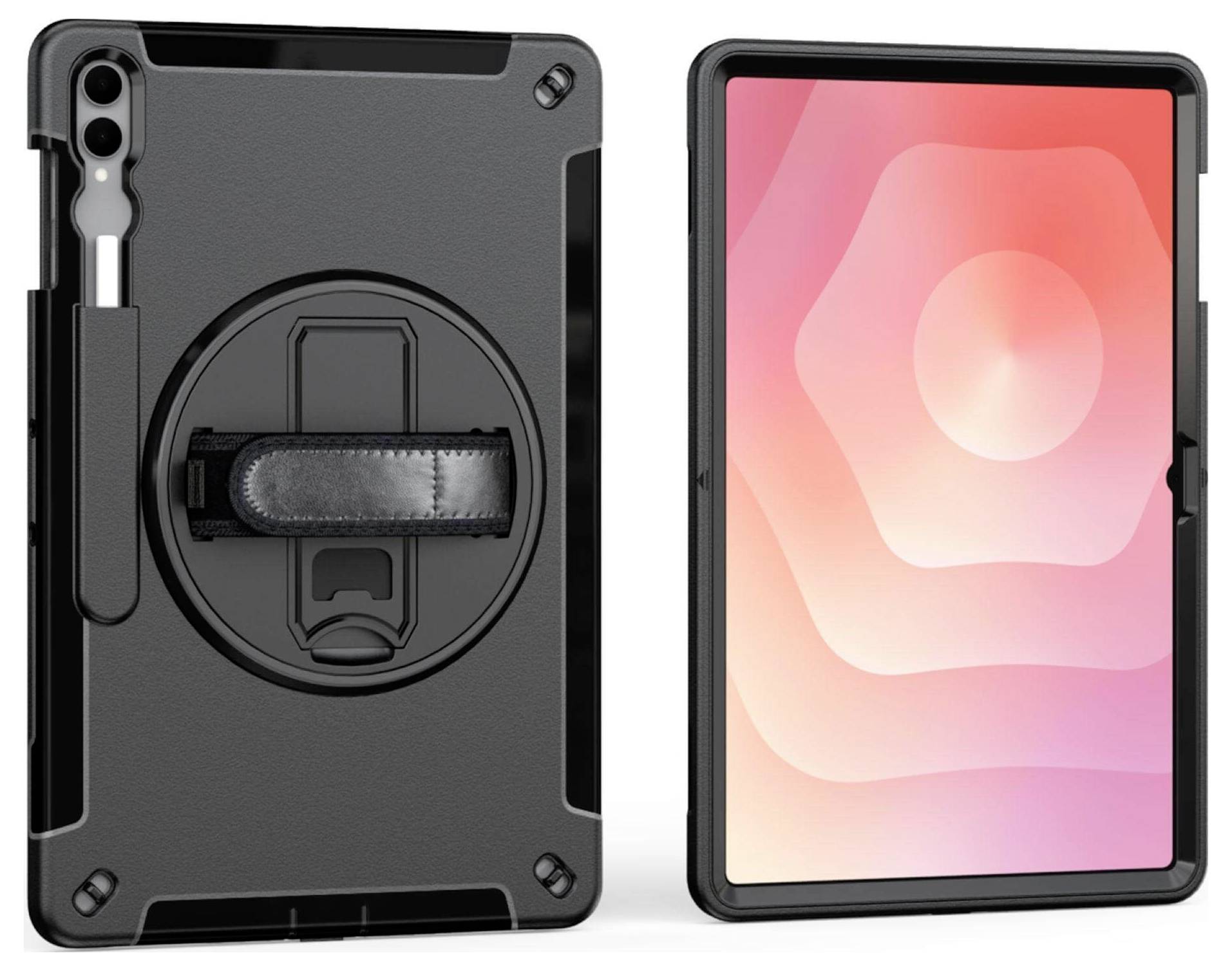 Ein Tablet mit einem robusten schwarzen Gehäuse wird von hinten und vorne gezeigt. Das Gehäuse verfügt über einen Handgriff und einen Ständer auf der Rückseite. Der Tablet-Bildschirm zeigt ein abstraktes rosa Design.