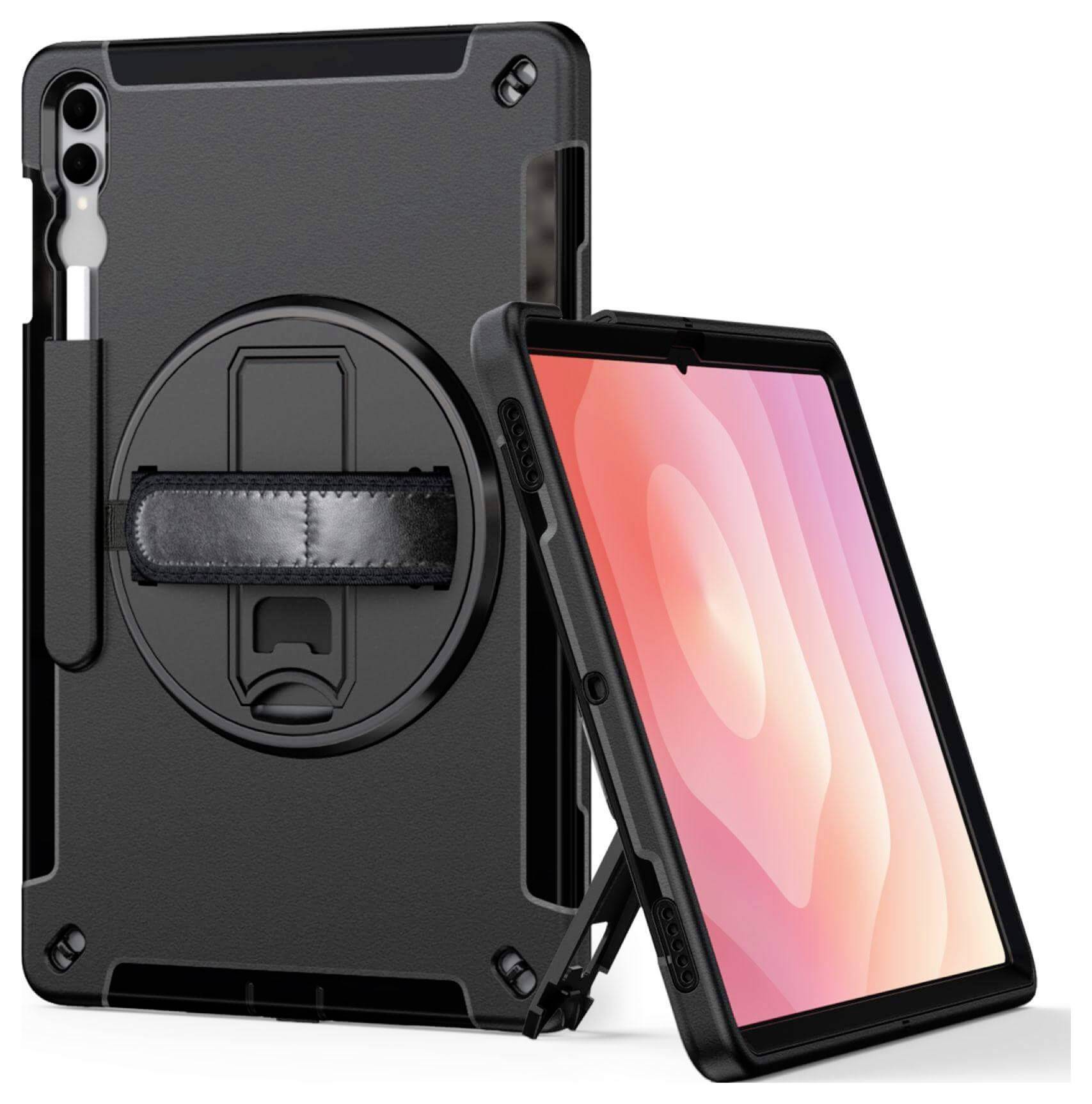 Ein schwarzes Tablettetui mit integriertem drehbarem Handgriff und Stifthalter, das ein Tablet mit rosa und weißem Bildschirm hält.