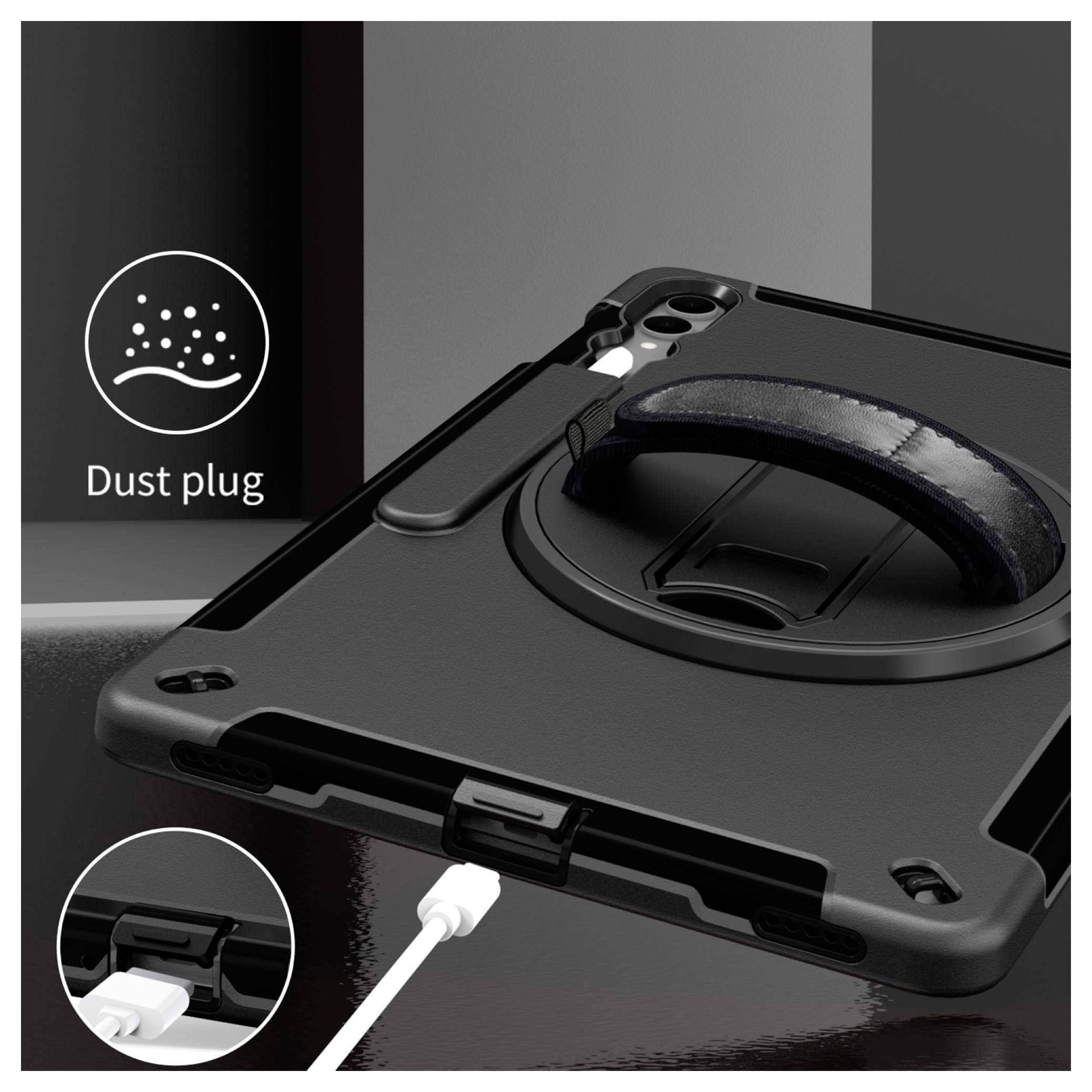 Langlebiges Tablet-Etui mit Griff, das einen Staubstöpsel und ein eingeführtes Ladekabel zeigt und Schutz und Funktionalität betont.