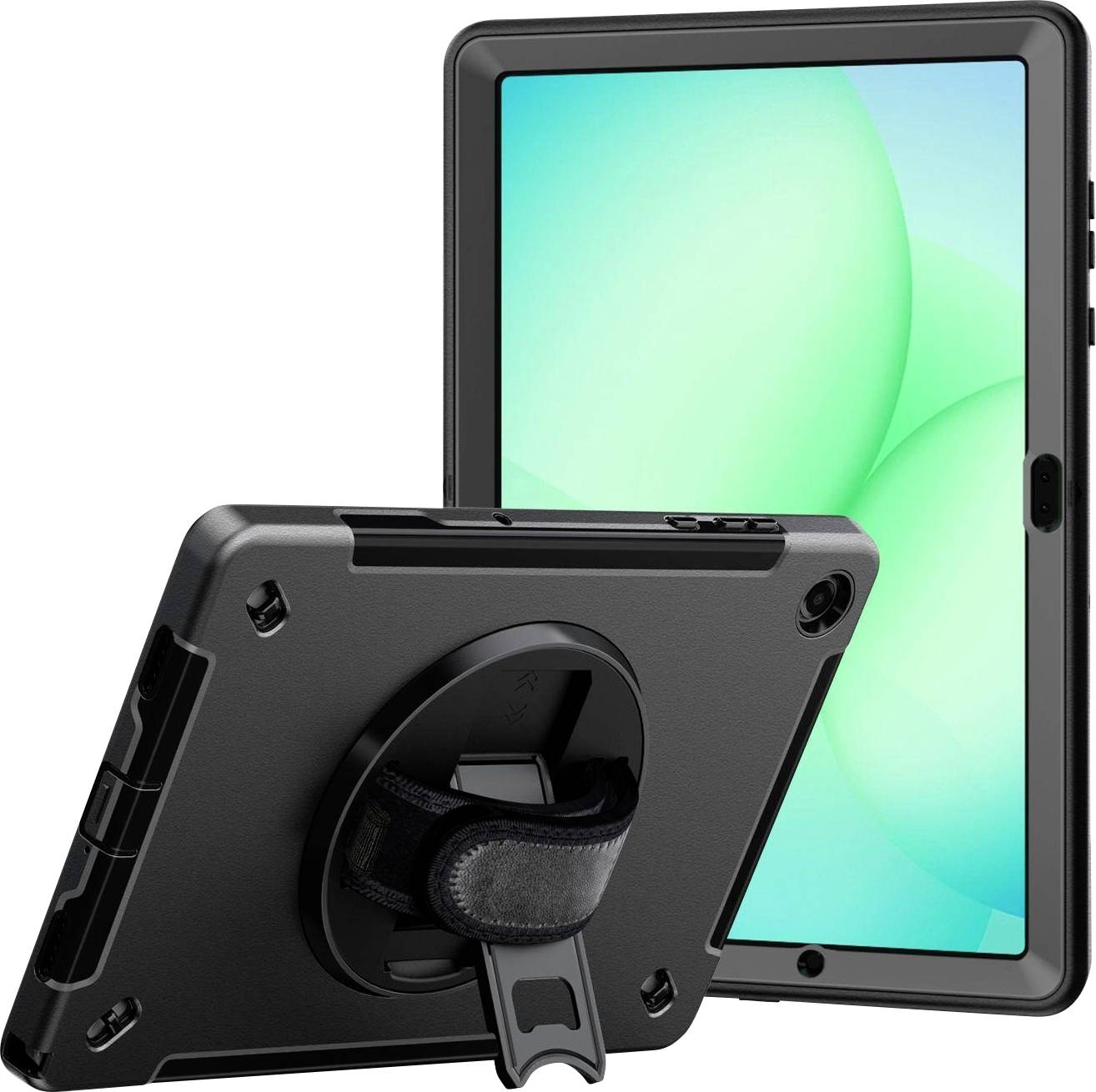 Ein robustes schwarzes Tablet-Schutzetui mit drehbarem Handriemen und Ständer, abgebildet angebracht an einem Tablet mit grünem abstraktem Hintergrund.