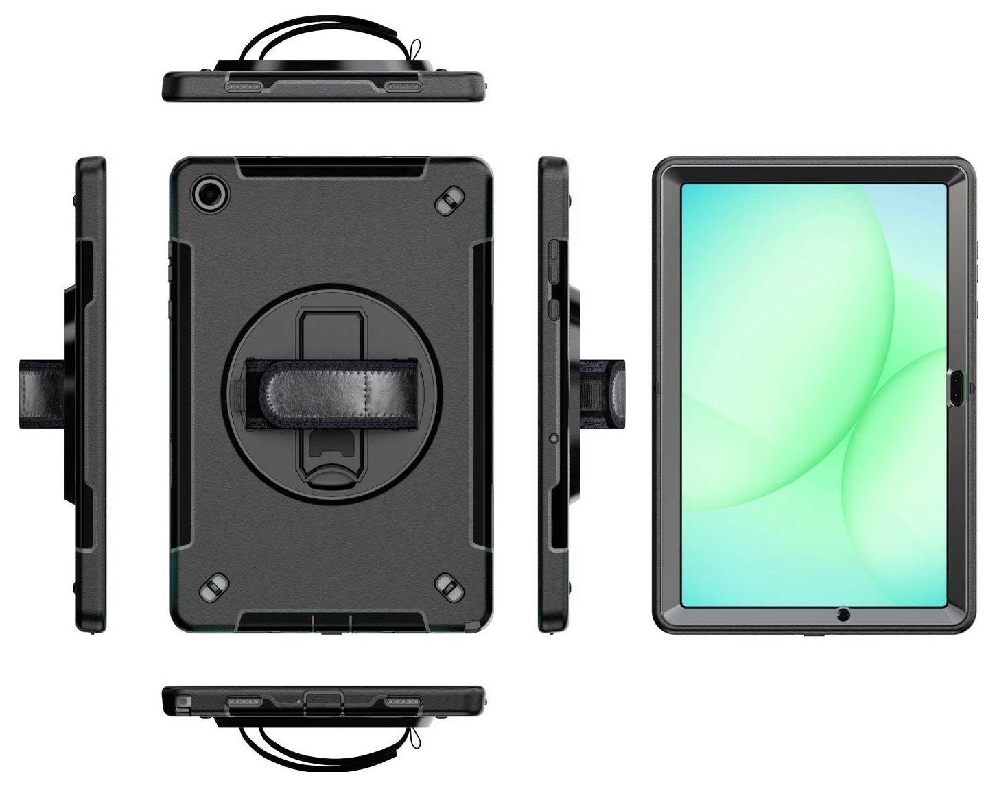 Robustes Tablet-Case in verschiedenen Ansichten, mit verstellbarem Handgriff auf der Rückseite und langlebarem Schutzdesign.