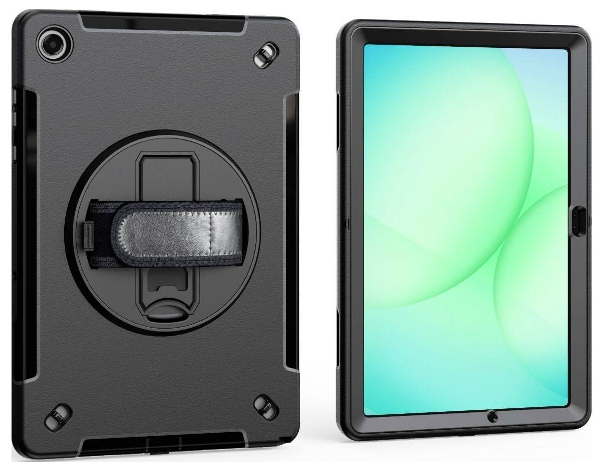 Ein schützender schwarzes iPad-Etui mit rotierendem Handgriff und robusten Kanten, gezeigt mit einem iPad mit hellem Display.