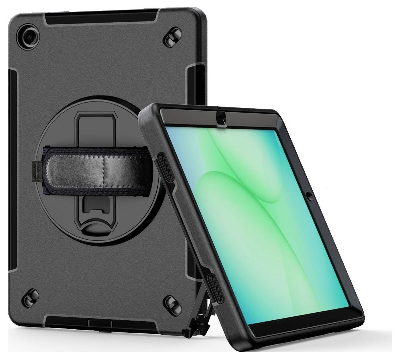 Ein robustes schwarzes Tablet-Etui mit Handschlaufe, Ständer und Displayschutz auf weißem Hintergrund.