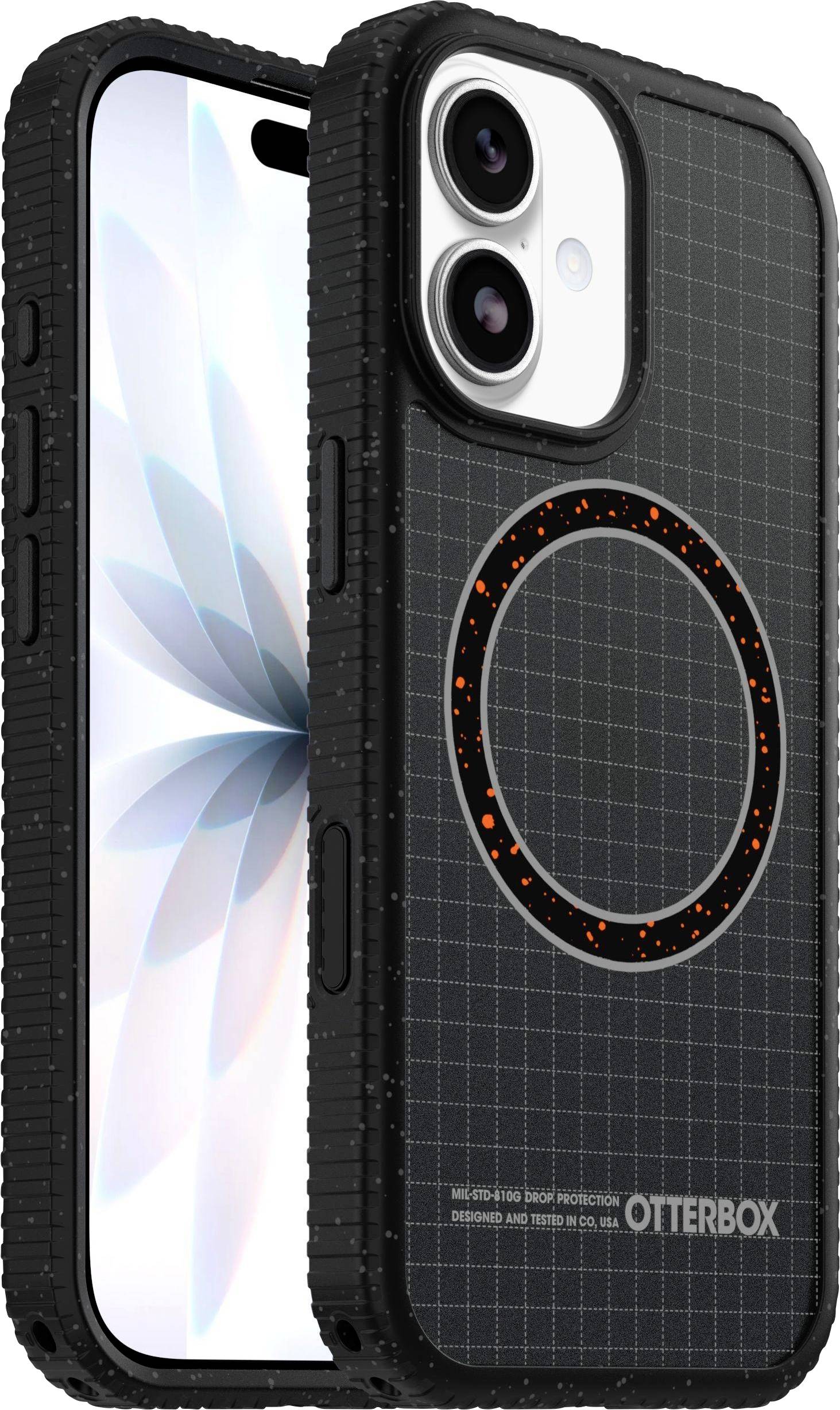 Ein schwarzes OtterBox-Handyhülle mit MagSafe-Kompatibilität, mit einem Gittermuster und einem orange akzentuierten Magnetring, auf einem Smartphone angezeigt.