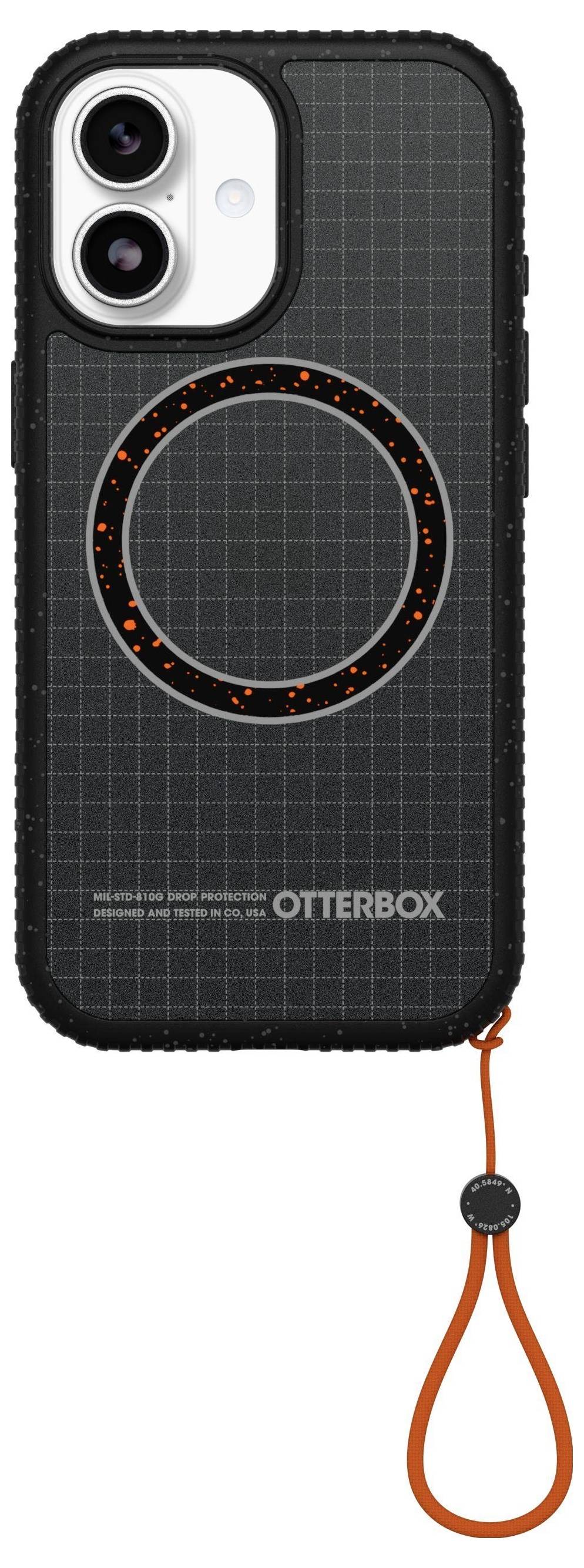 Handyhülle mit Kreismuster auf der Rückseite und abnehmbarem orangefarbenem Handgelenkband, entwickelt für ein bestimmtes Telefonmodell.