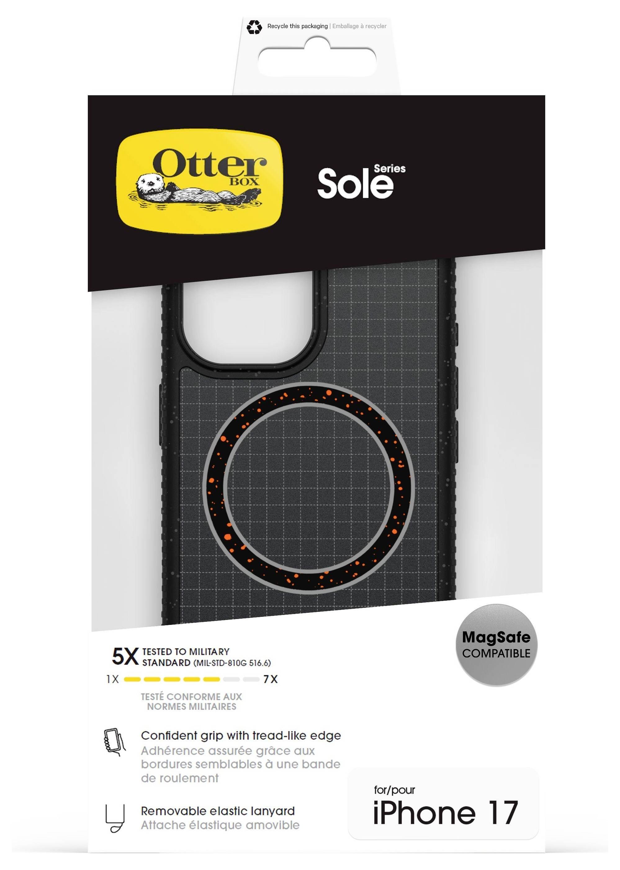 Verpackung der OtterBox Sole Series Schutzhülle für iPhone 17. Die Merkmale umfassen MagSafe-Kompatibilität, Fallschutz und abnehmbares Umhängeband.