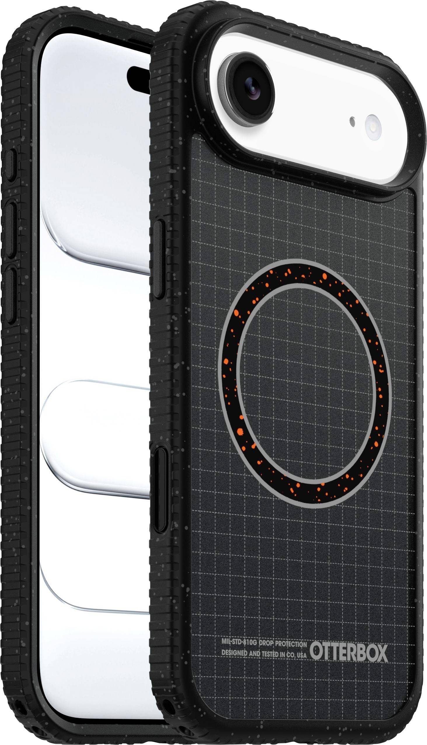 Ein schwarzes iPhone-Etui mit einem Gittermuster und einem kreisförmigen orangefarbenen Design in der Nähe der Oberseite. Das Telefon im Inneren zeigt eine Seitenansicht und einen weißen Bildschirm.