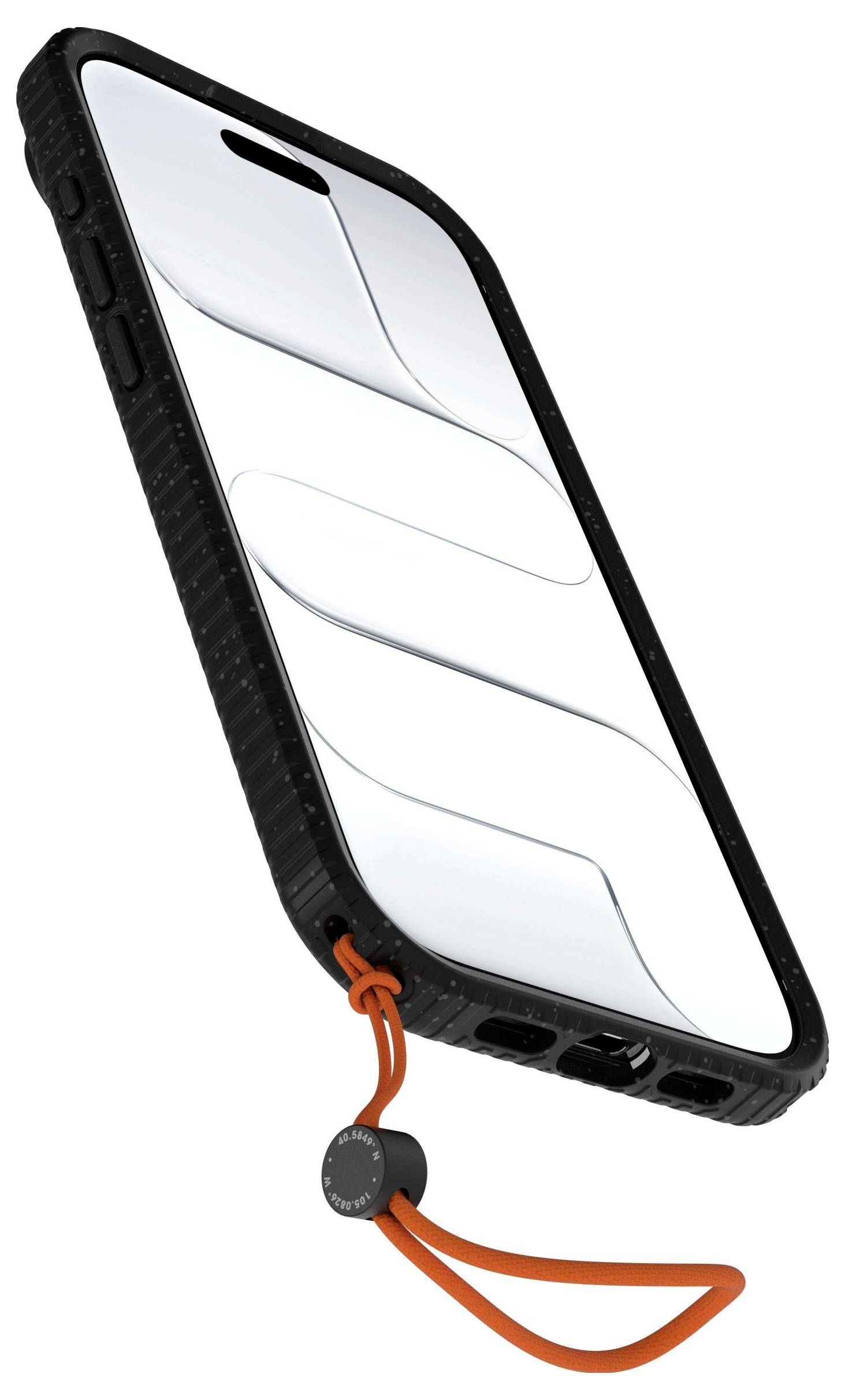 Ein Smartphone mit einem robusten schwarzen Gehäuse und einem orangefarbenen Handgelenksbund, mit einem stilisierten 