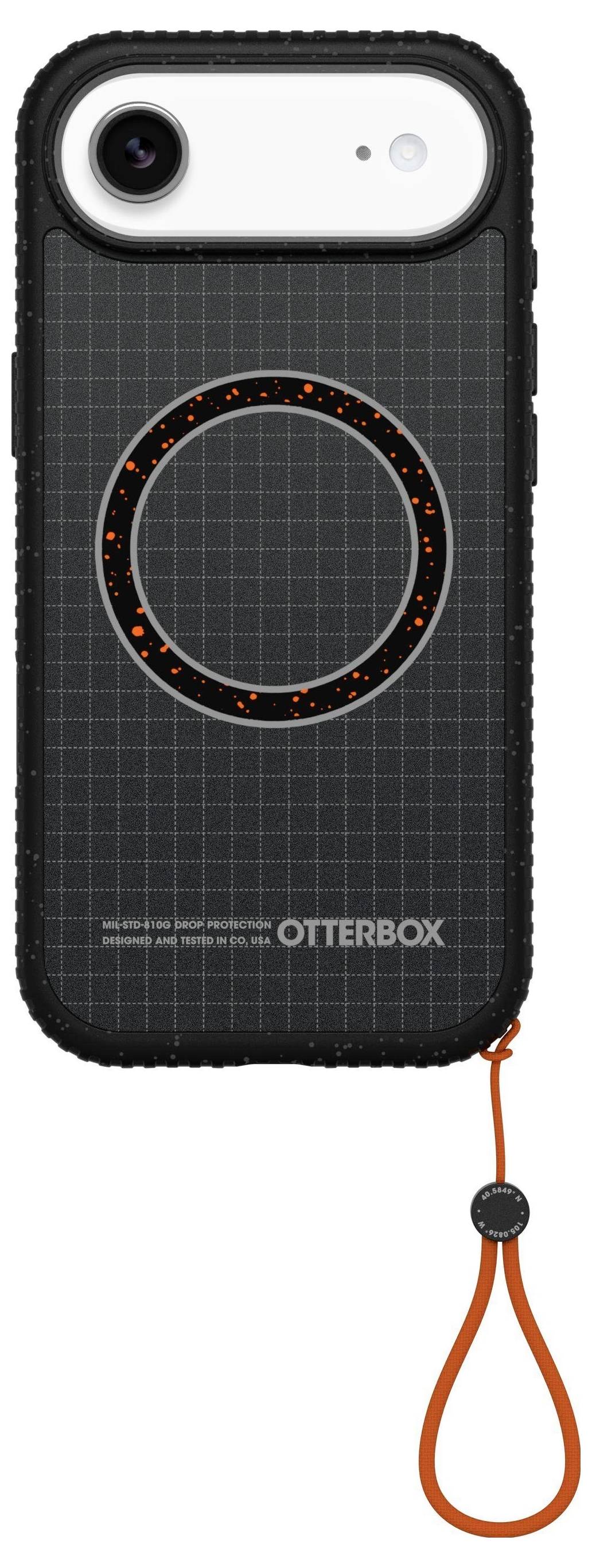 Ein Smartphone mit schwarzem gittergemustertem Schutzgehäuse von Otterbox, mit kreisförmigem orangefarbenem Design und orangefarbenem Handgelenkband.