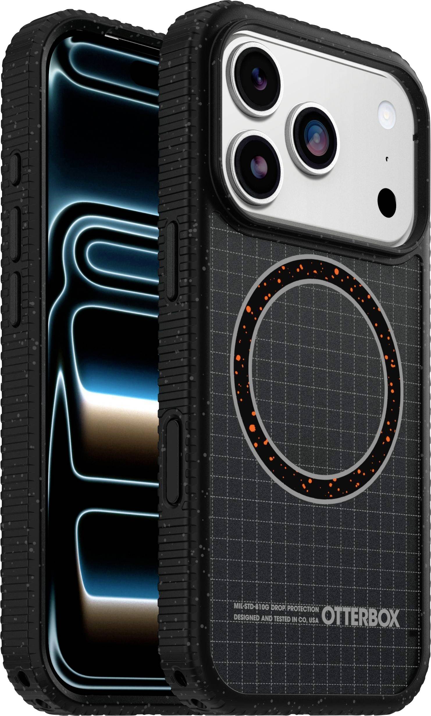 Ein Smartphone mit einer robusten schwarzen OtterBox-Schutzhülle mit Gittermuster und kreisförmiger MagSafe-Ausrichtung. Die Kamera hat drei Objektive.