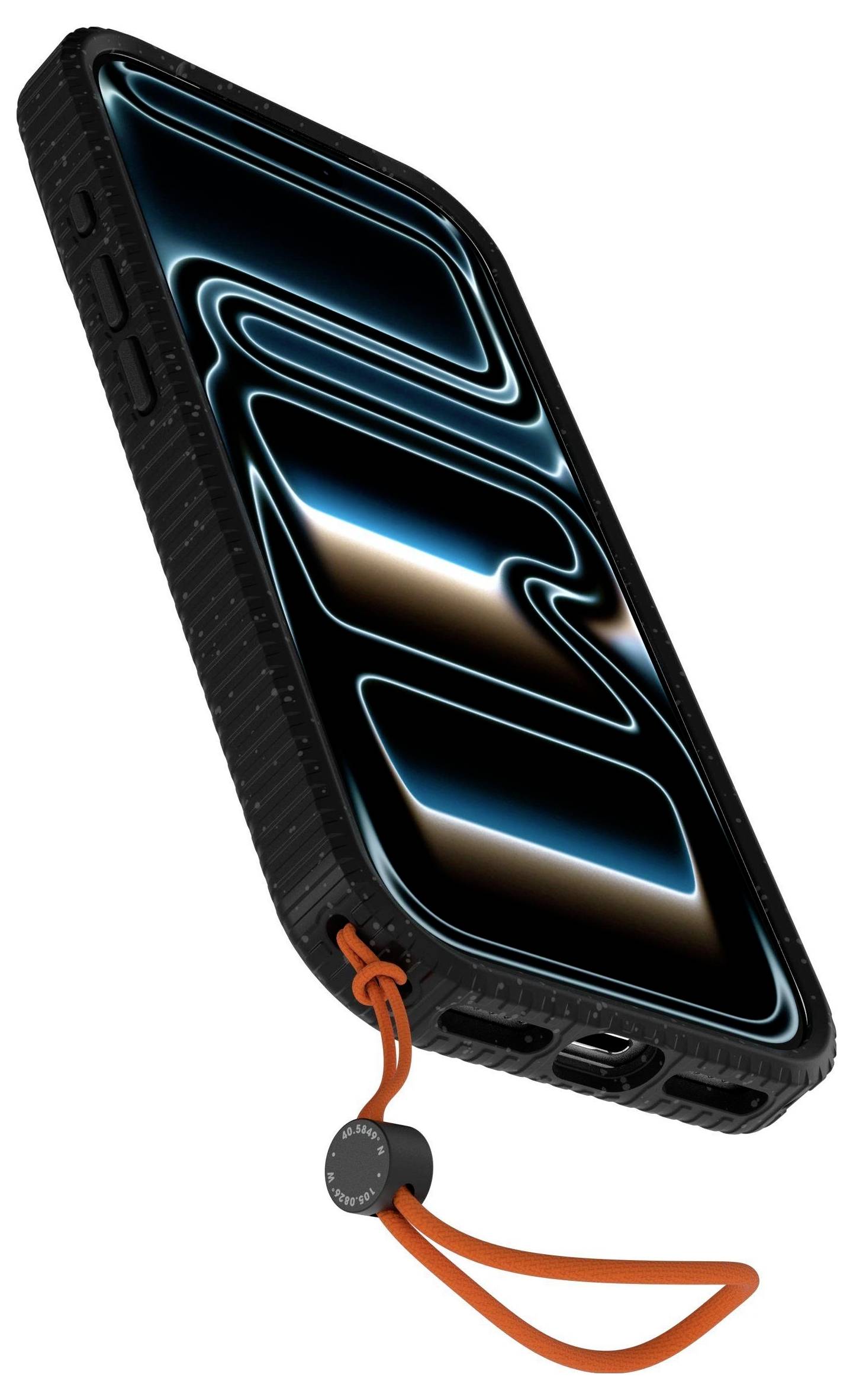Ein Smartphone mit einem robusten schwarzen Gehäuse und einem orangefarbenen Riemen, das auf dem Bildschirm abstrakte blaue und braune Wellenmuster anzeigt.