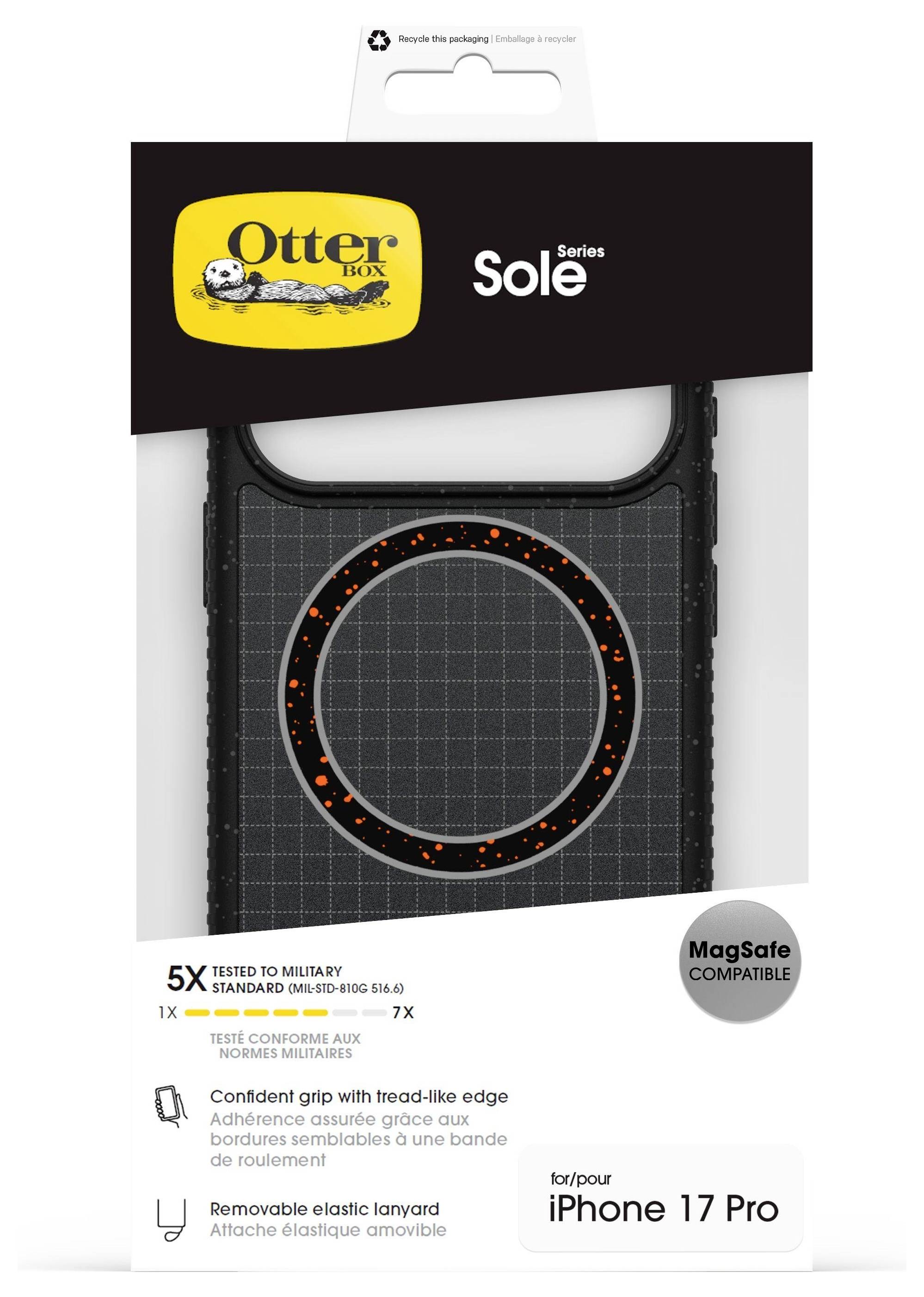 OtterBox 'iPhone 17 Pro' Gehäuse-Verpackung, Serie Sole, mit Fallschutz, MagSafe-Kompatibilität und profiliertem Griffrand.