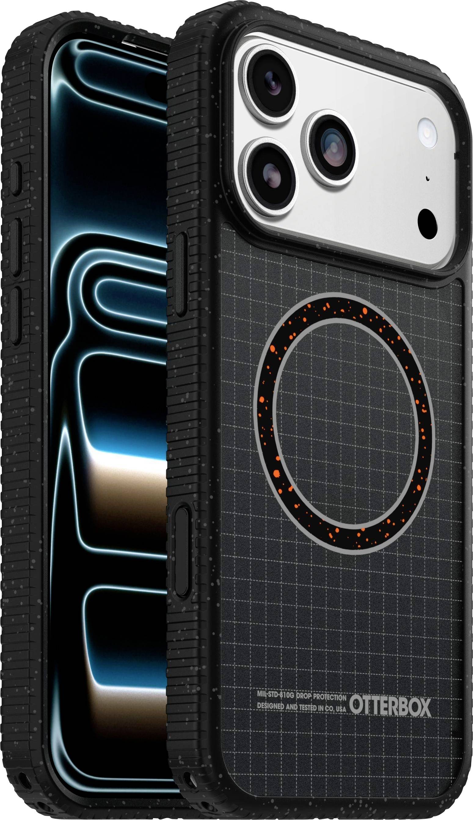 Zwei Smartphones in robusten, strukturierten schwarzen OtterBox-Schutzhüllen mit kreisförmigem Muster und blauen leuchtenden Linien auf den Bildschirmen.