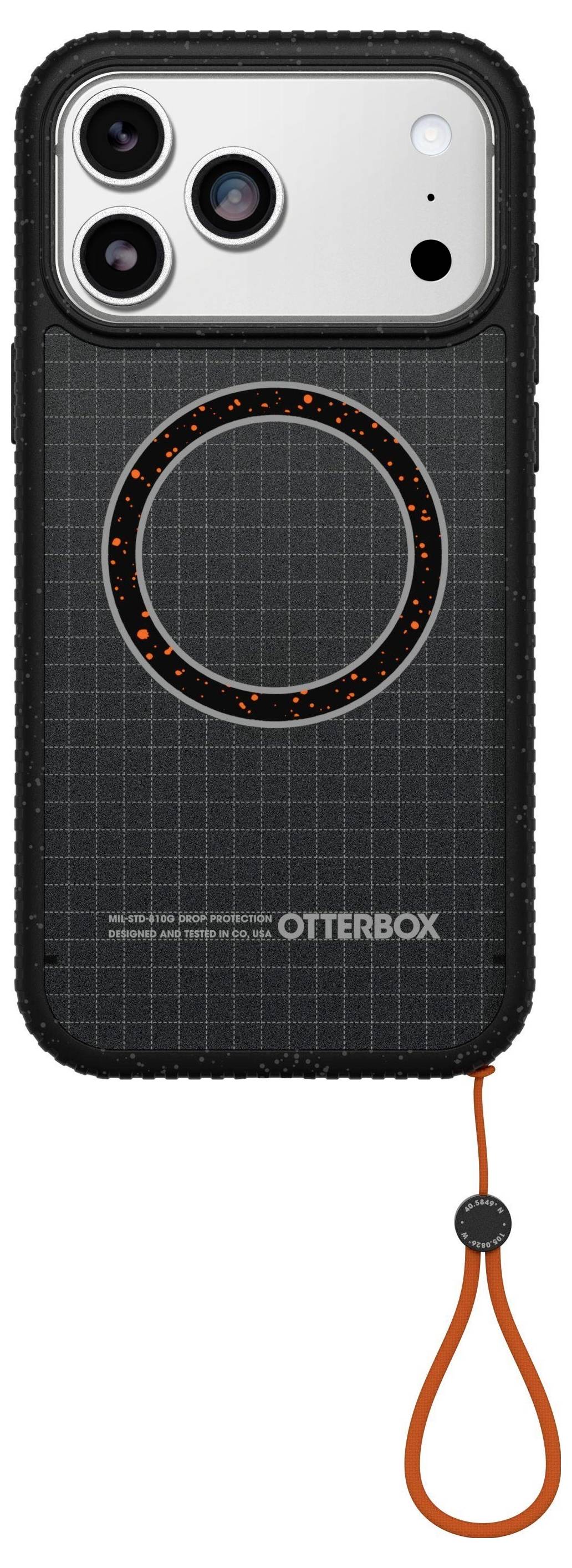 Eine Handyhülle mit strukturiertem schwarzem Design, die einen Ring aus orangefarbenen Punkten aufweist. Am unteren Ende befindet sich ein abnehmbarer orangefarbener Riemen.