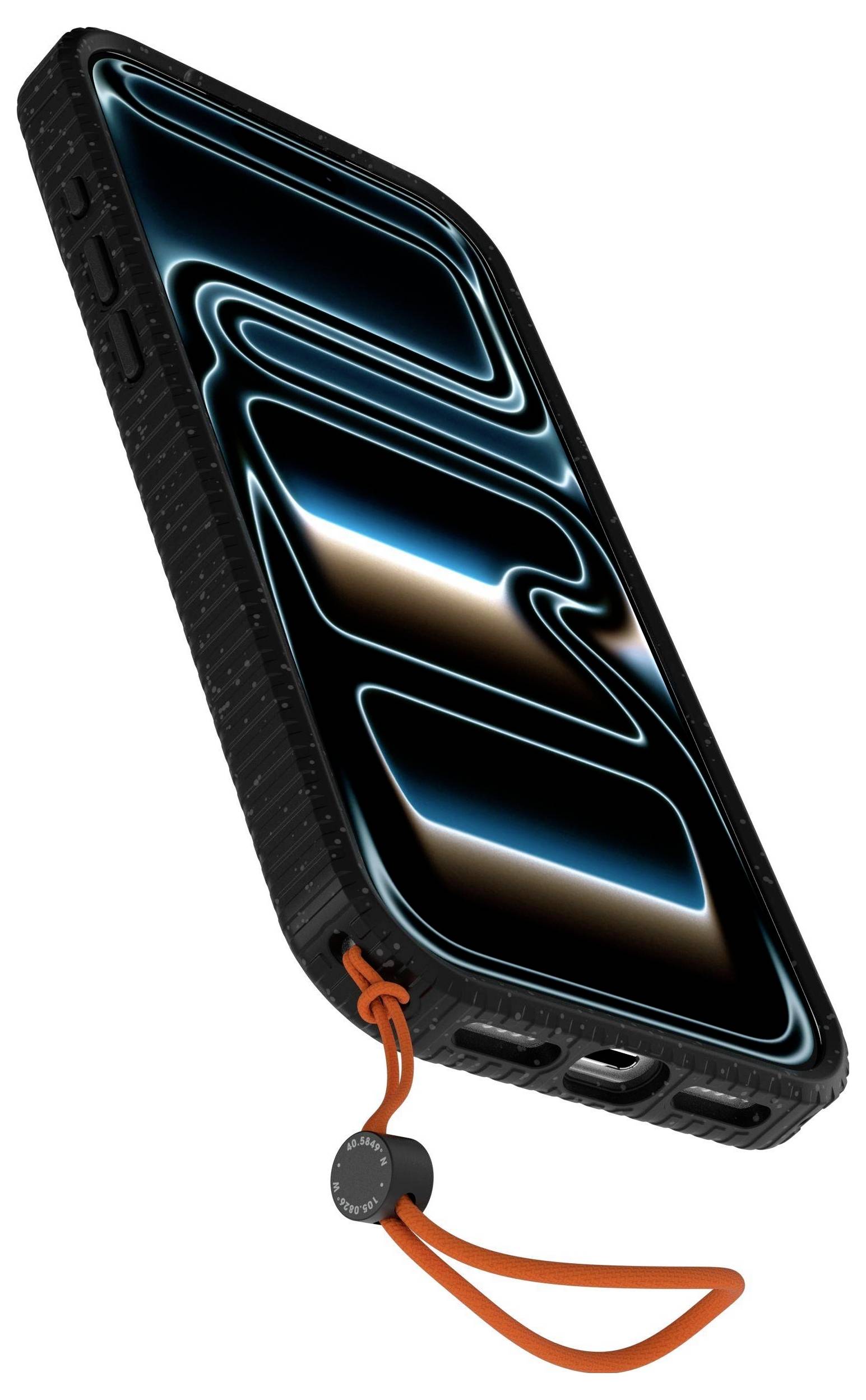 Ein schwarzes Smartphone mit einem leuchtenden abstrakten Design auf dem Bildschirm, versehen mit einer robusten Schutzhülle und einem orangefarbenen Handgelenksriemen, der unten befestigt ist.