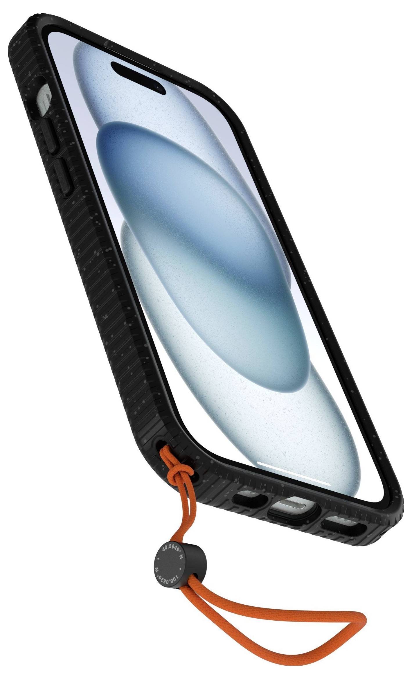 „Smartphone in einem schwarzen strukturierten Schutzgehäuse mit rotem Handgelenkband, das in der unteren linken Ecke befestigt ist, Bildschirm zeigt ein geometrisches Design.