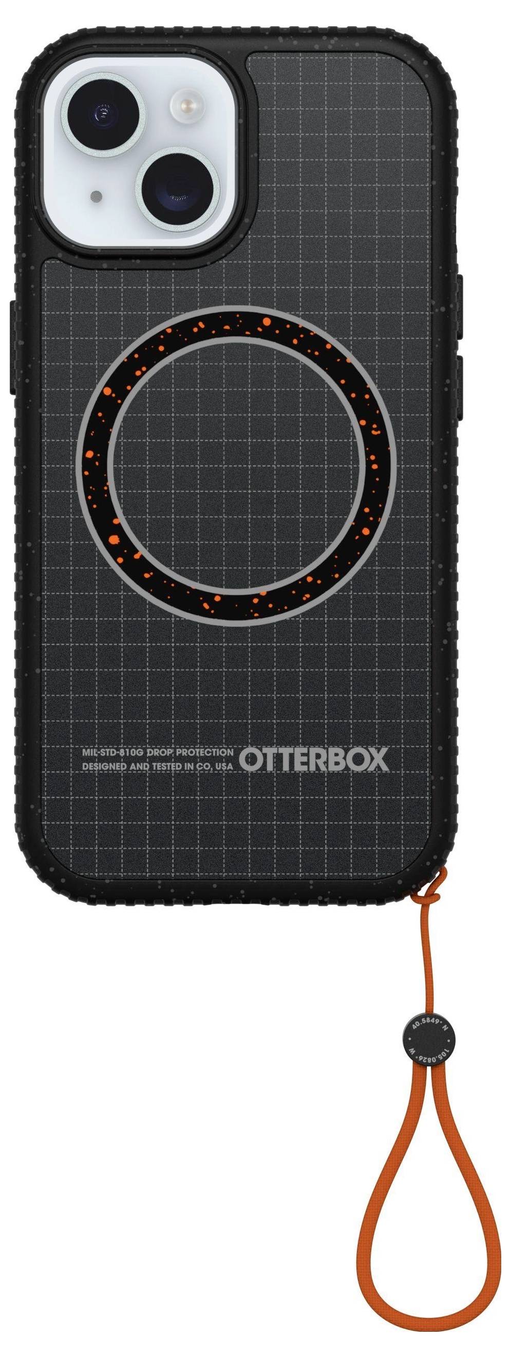 'OTTERBOX' Handyhülle mit MagSafe-kompatiblem Design, mit orangefarbenem Sprenkel-Ring und Gittermuster, an einem orangefarbenen Lanyard befestigt.