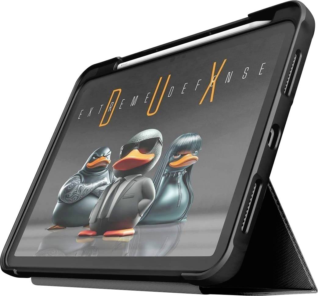 Ein digitales Tablet in einer schwarzen Schutzhülle, auf dessen Bildschirm eine Illustration von drei Enten angezeigt wird.
