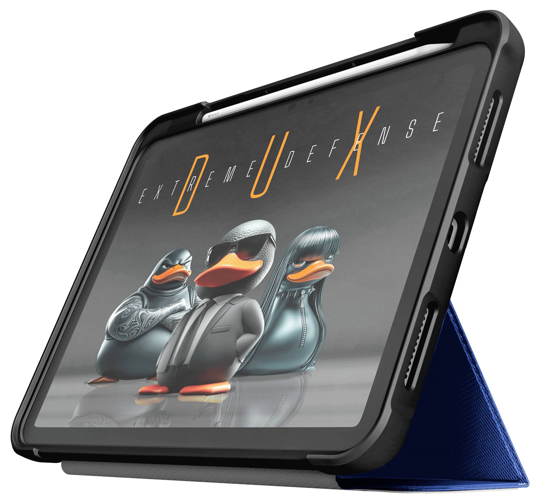 Ein schwarzes Tablet-Etui mit Stifthalter, von vorne und hinten dargestellt, für Schutz und Funktionalität konzipiert.