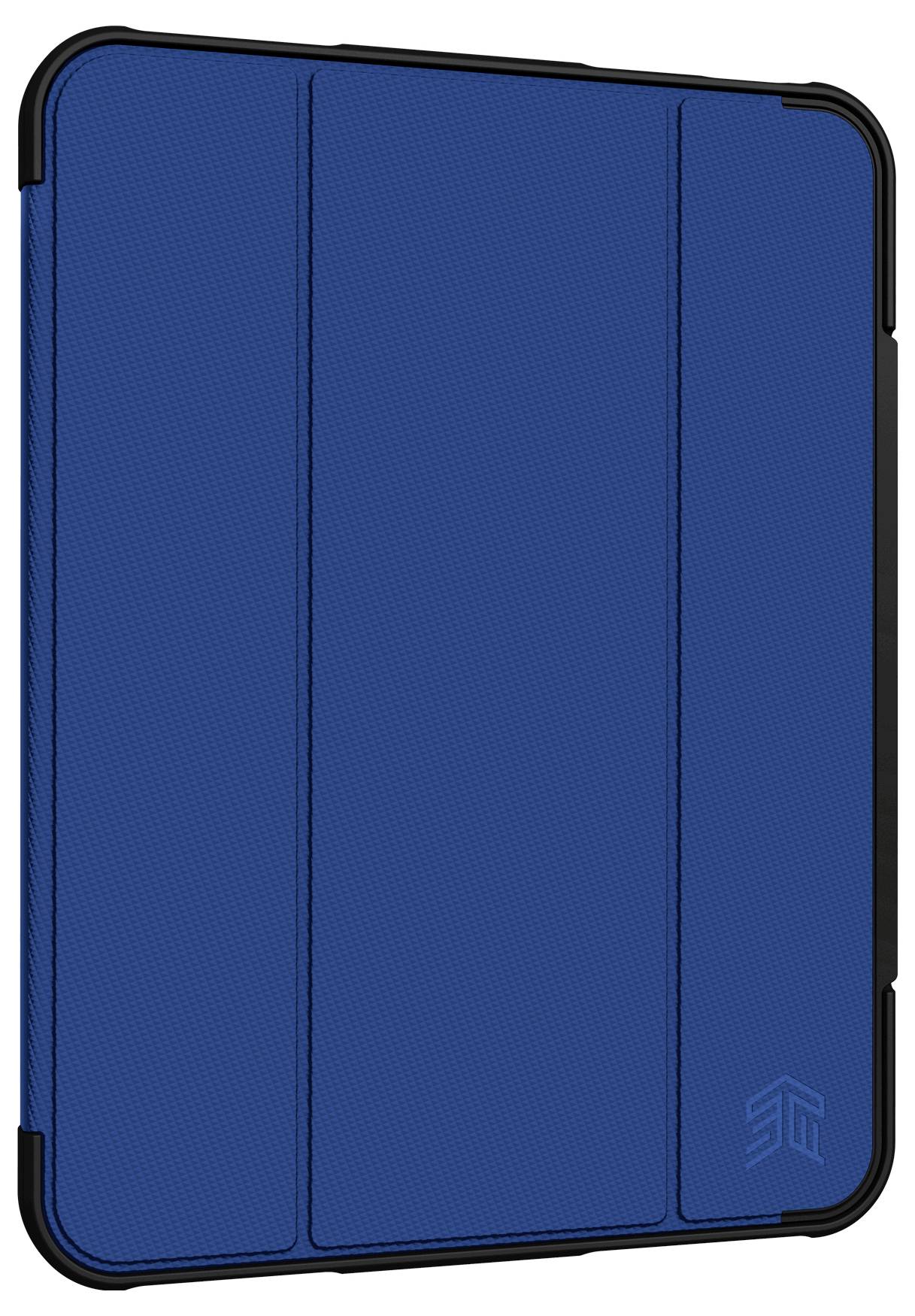 Eine Seitenansicht eines Smartphones mit blauer metallischer Oberfläche, das eine Kamerabuckel mit drei rückwärtigen Objektiven aufweist.