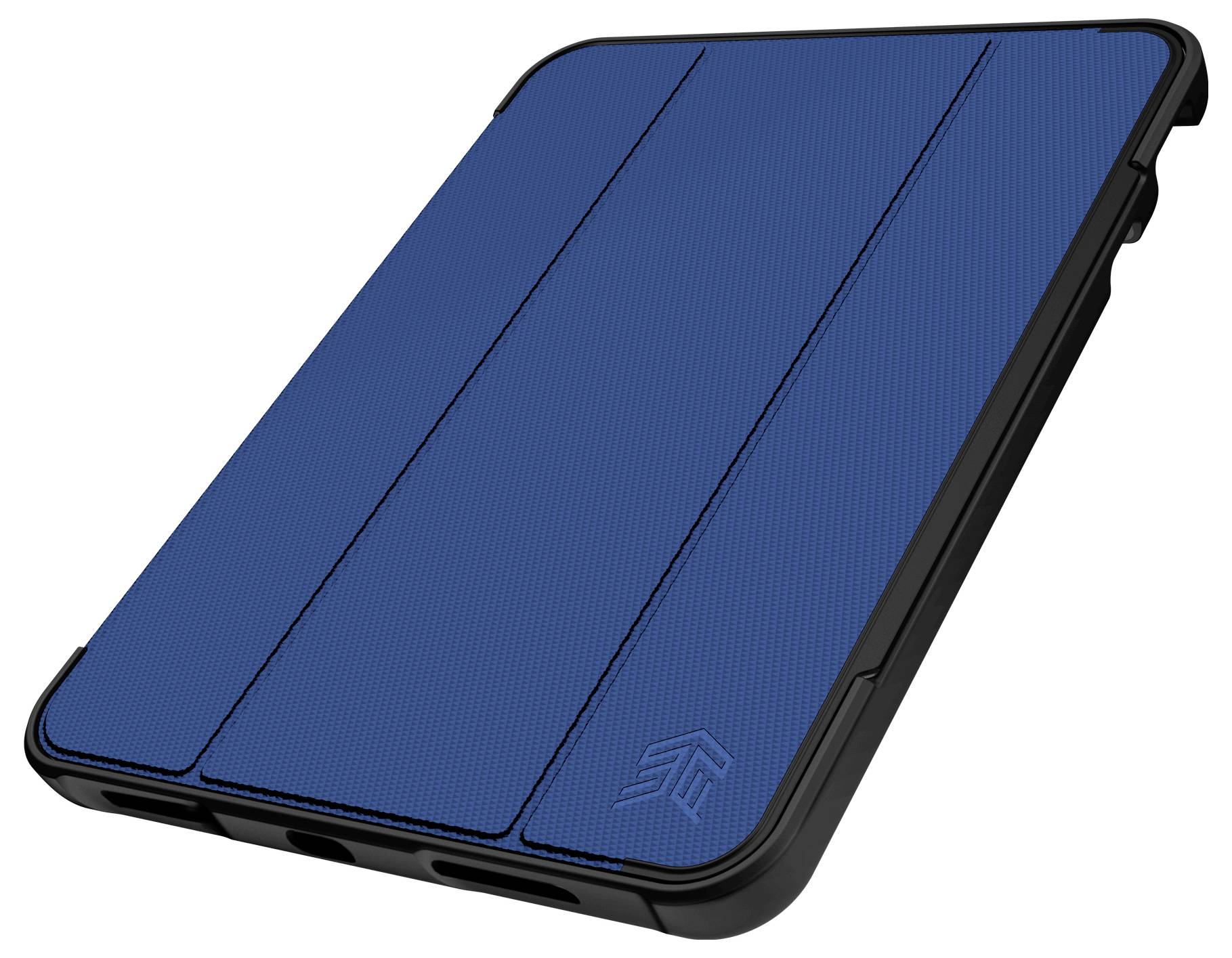 Ein blaues Tablet-Etui mit schwarzem Rand, ausgestattet mit einem faltbaren Cover-Design mit drei vertikalen Abschnitten.