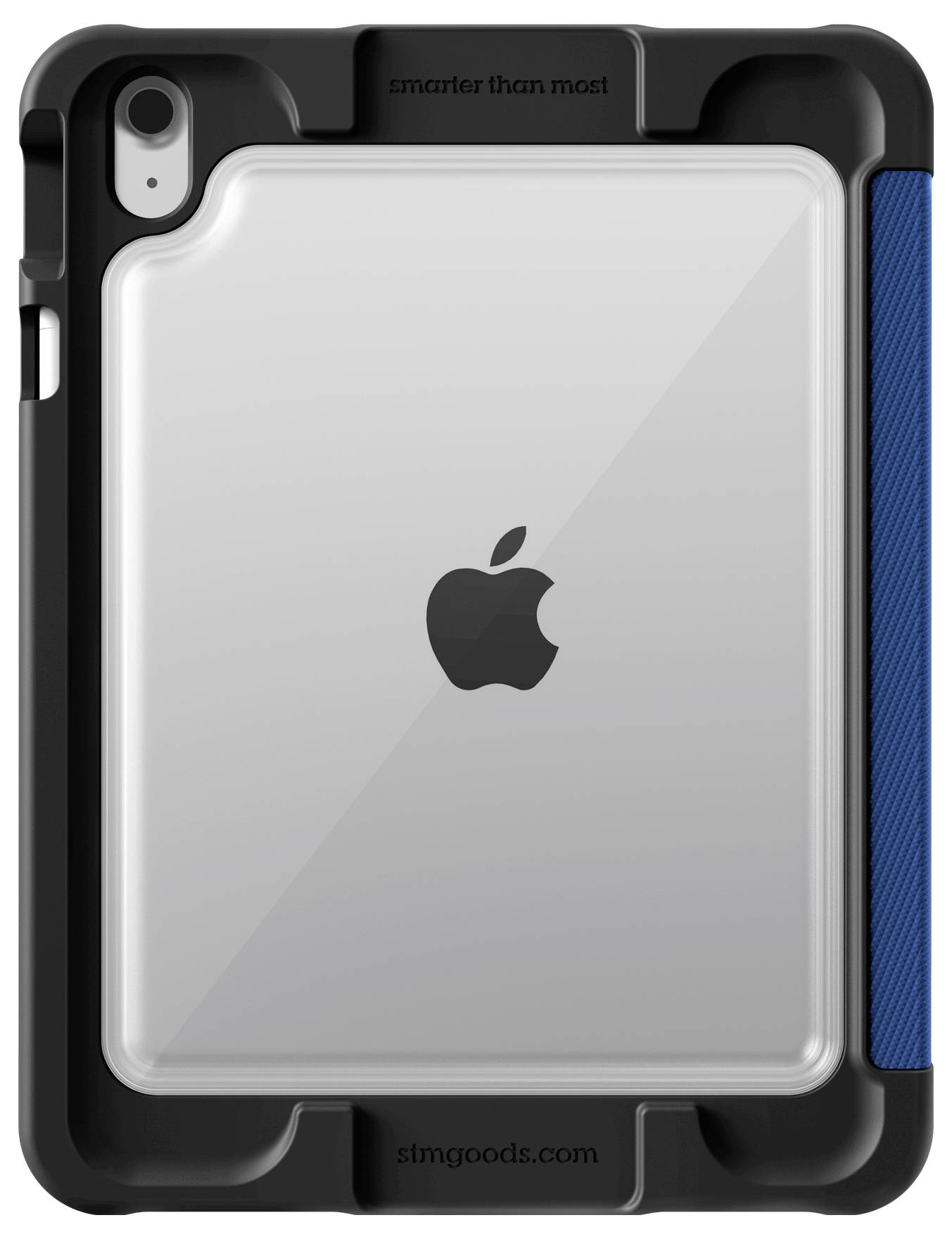 Ein Schutzhülle für ein Tablet mit robusten schwarzen Kanten und einer transparenten Rückseite, die das Apple-Logo präsentiert.