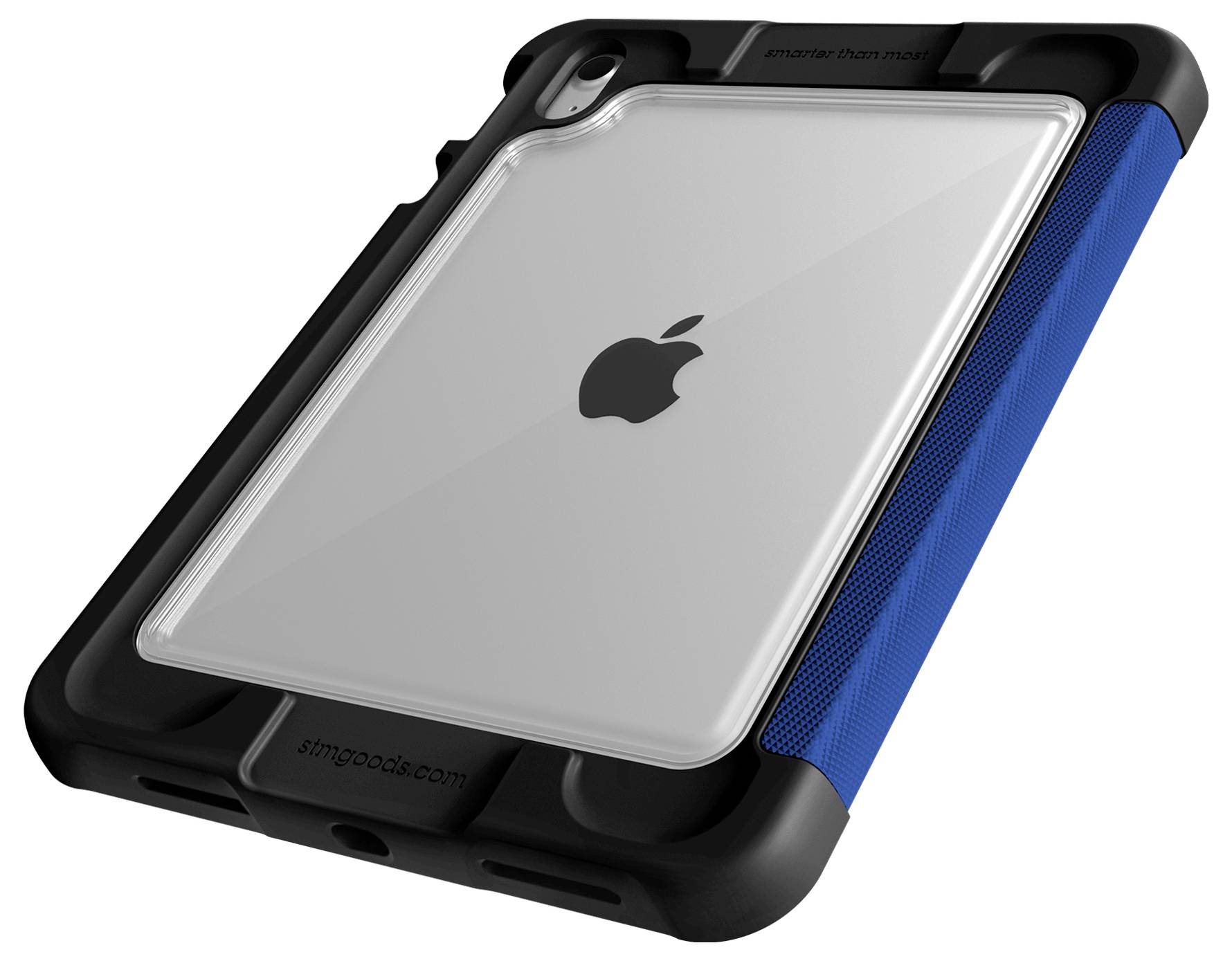 Ein transparatives Tabletschutzhülle mit blauem Griff und schwarzen Kanten, die das Apple-Logo in der Mitte zeigt. Der Markenname ist sichtbar.