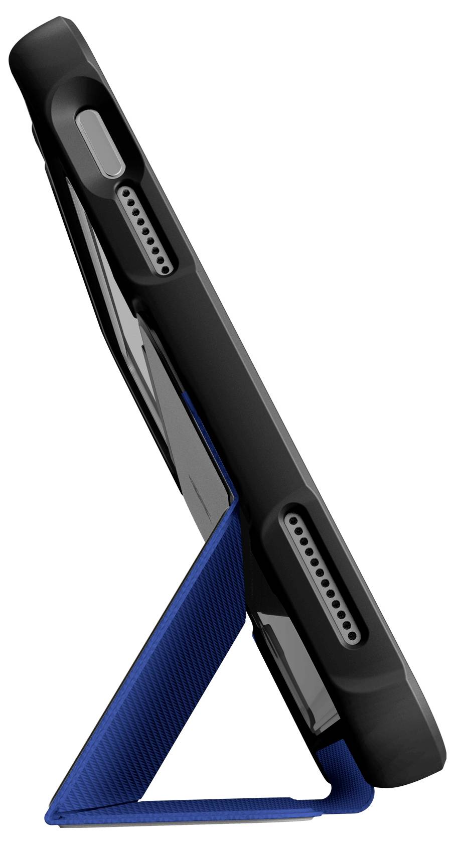 Seitenansicht eines Smartphones mit einem blauen Ständer auf der Rückseite, der es ermöglicht, das Telefon aufrecht zu positionieren.