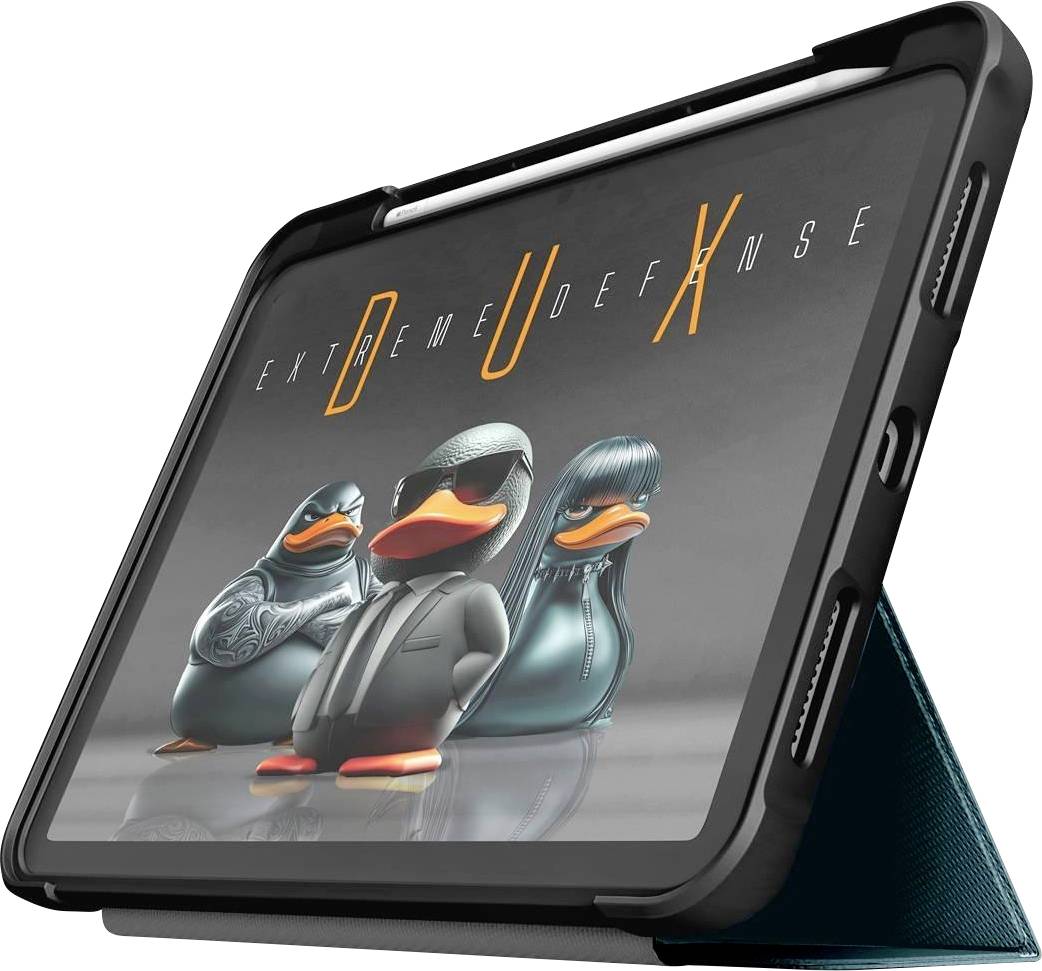 Ein Tablet mit einer Schutzhülle steht aufrecht und zeigt ein Bild von drei Cartoon-Enten in Jacken vor weißem Hintergrund.