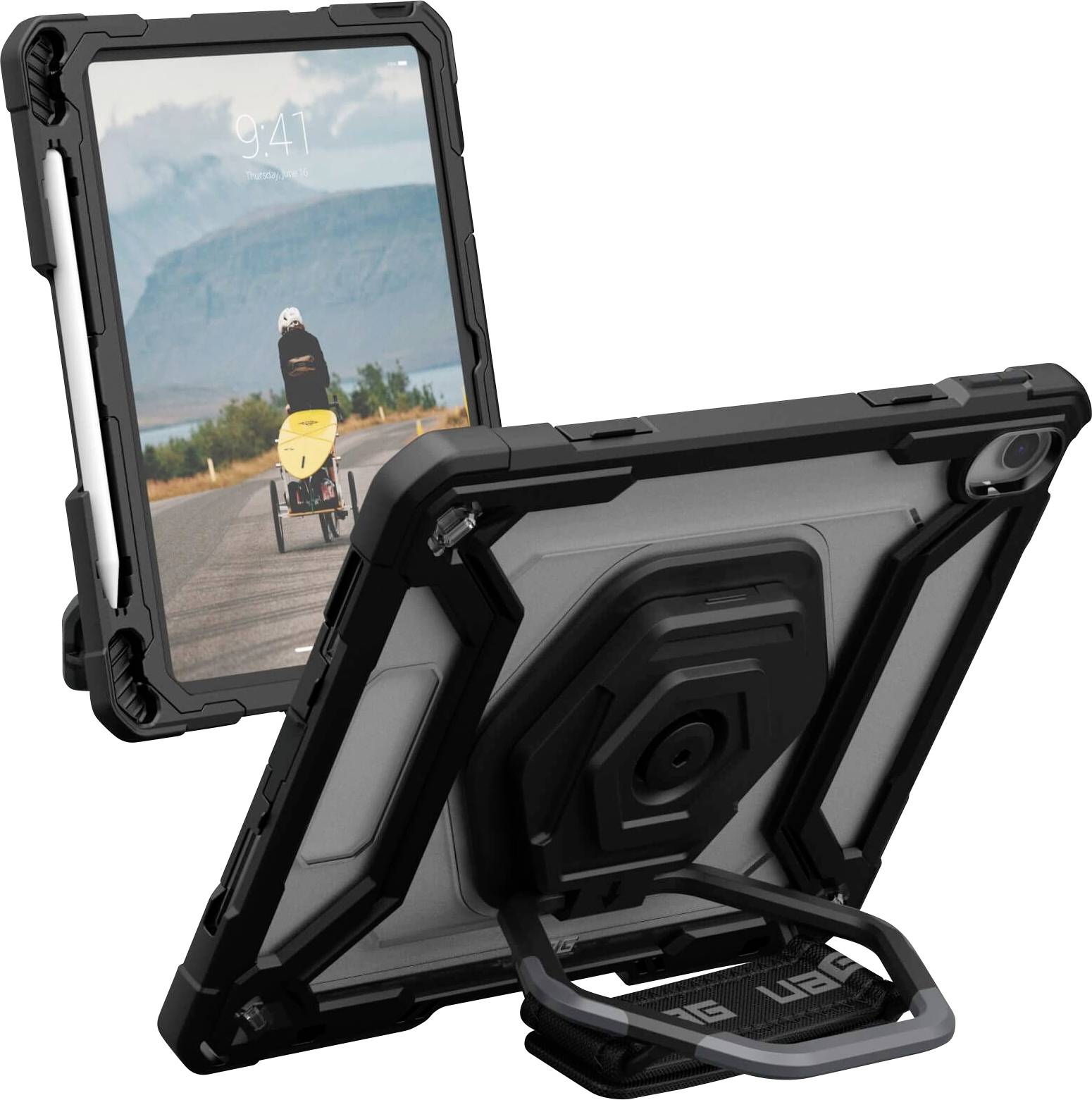 Ein robustes Tablet-Etui mit integriertem Ständer, gezeigt in zwei Positionen: eine aufrecht mit einer Naturszene und die andere gewinkelt, wobei sein robustes Design hervorgehoben wird.