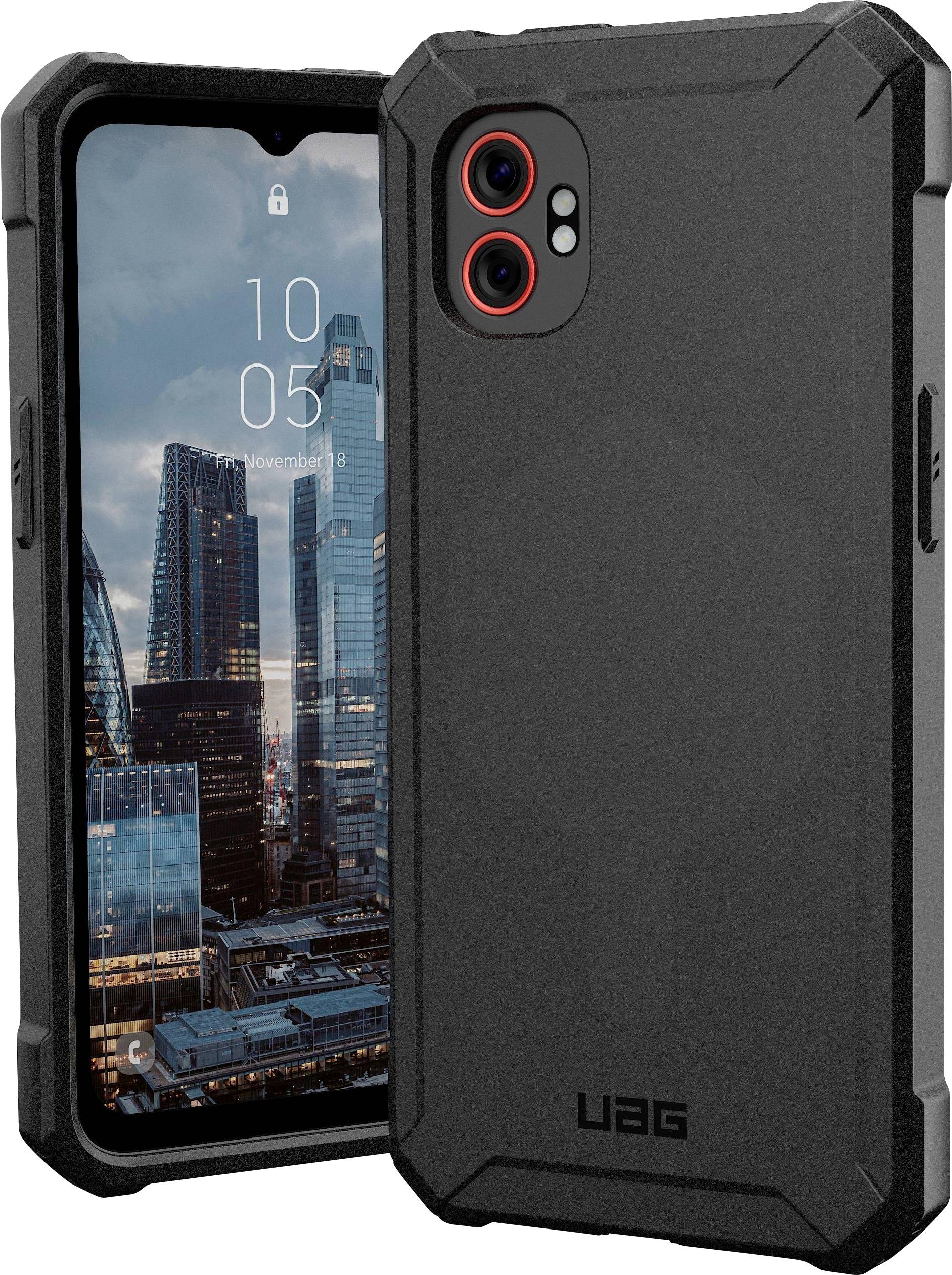 Schutzhülle für Smartphone mit Stadtlandschaft auf dem Bildschirm. Die Hülle verfügt über verstärkte Ecken und strukturierte Seiten.