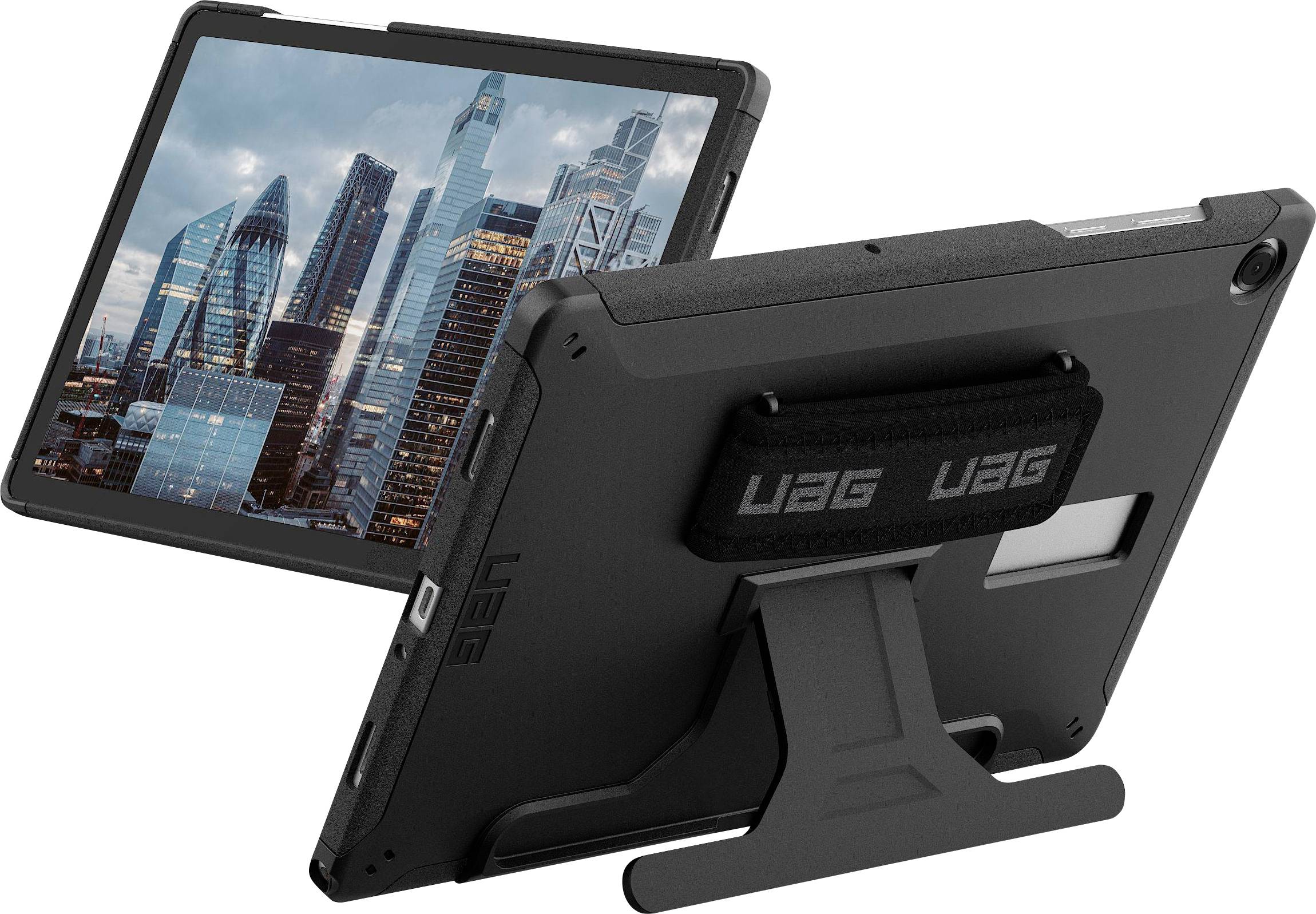 Ein Tablet in einer Schutzhülle mit Ständer zeigt eine Stadtlandschaft auf seinem Bildschirm. Die Hülle hat ein robustes Design und einen Handgriff.