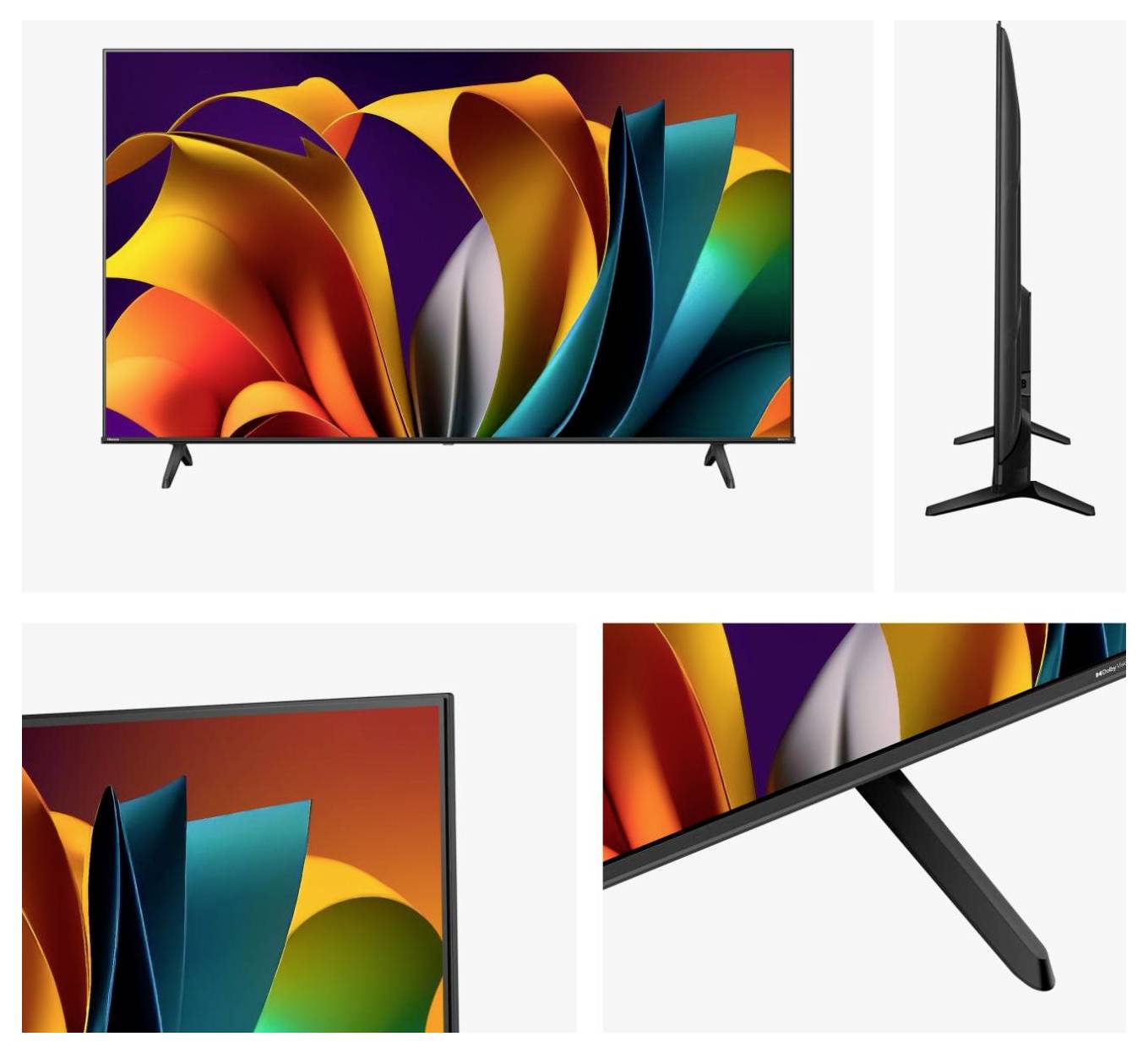 Ein großer Flachbildfernseher mit einem farbenfrohen abstrakten Design auf dem Display. Verschiedene Blickwinkel zeigen das dünne Design und den schlanken Ständer.